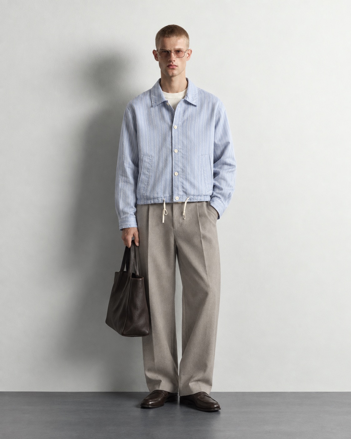 Striped Drawstring Hem Overshirt — worn, front