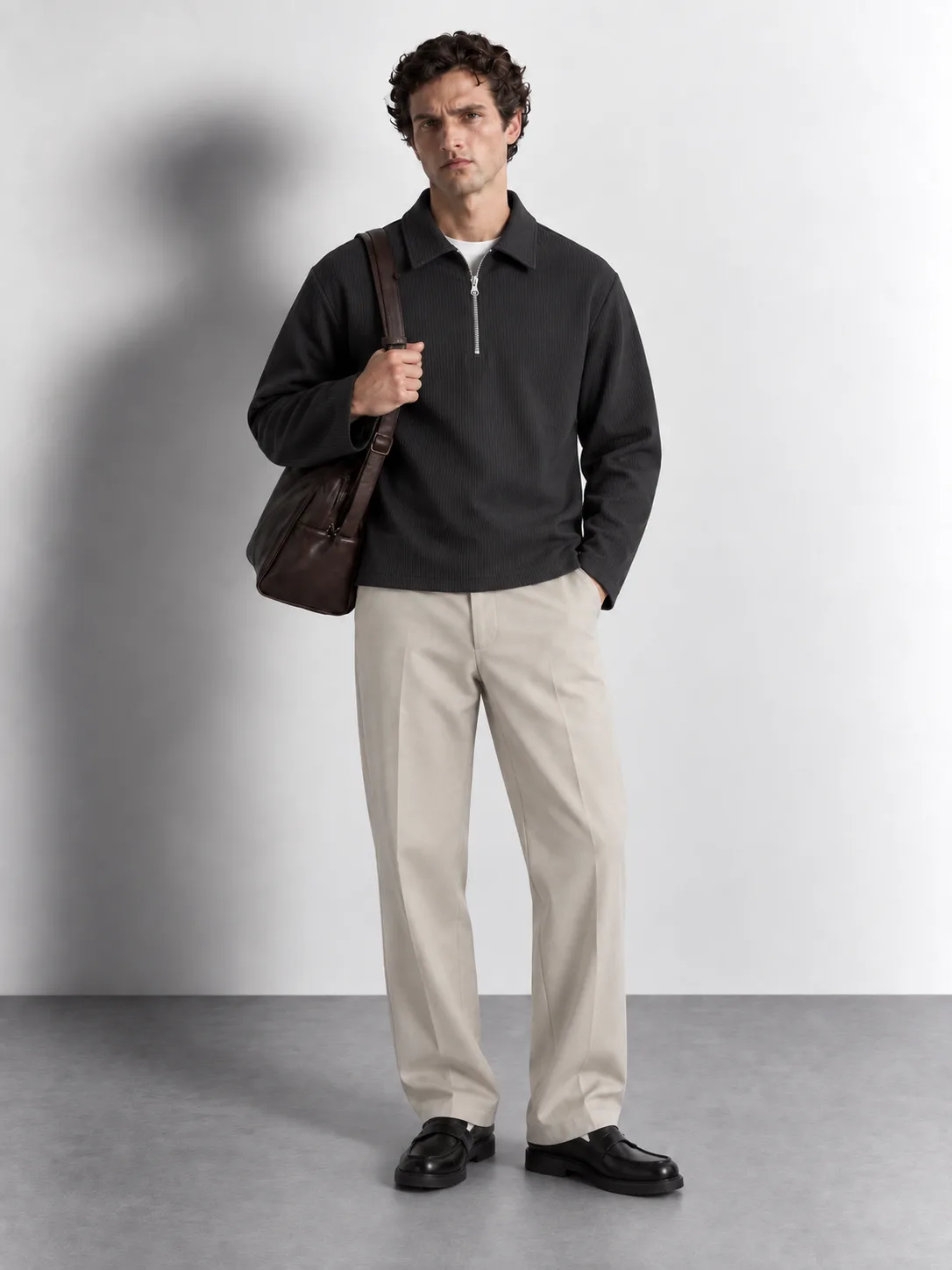 Ribbed Half-Zip Long Sleeve Polo — worn, front