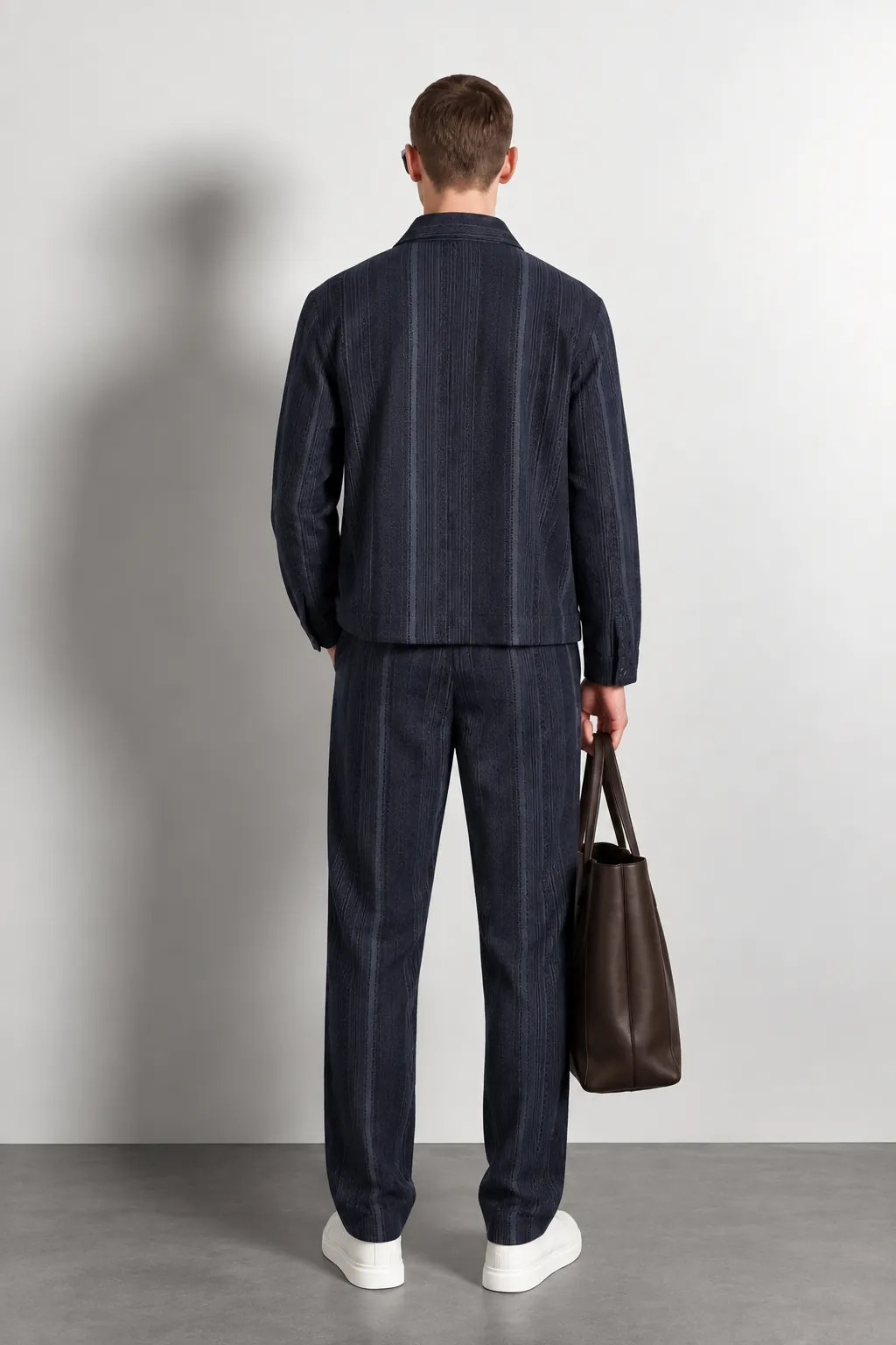 Textured Stripe Drawstring Trousers — worn, back