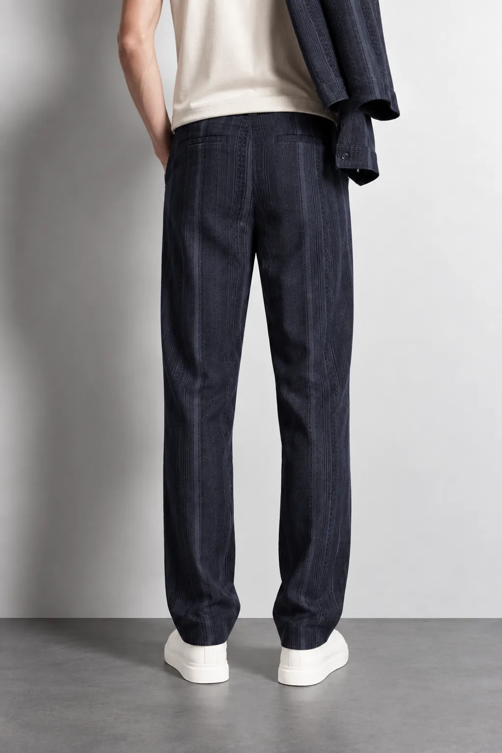 Textured Stripe Drawstring Trousers — worn, close-up