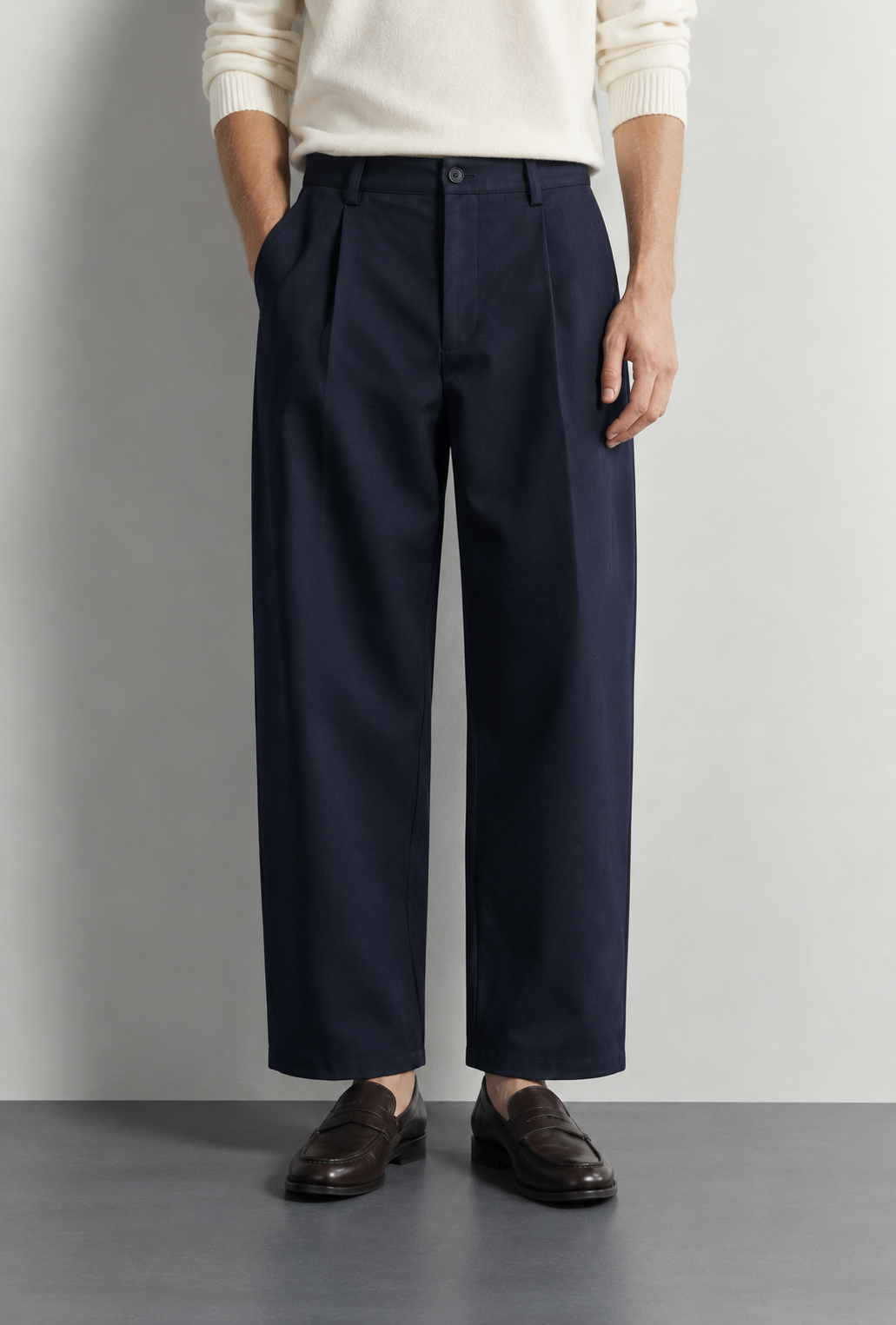 Marlow Pleated Wide Leg Trousers — worn, front