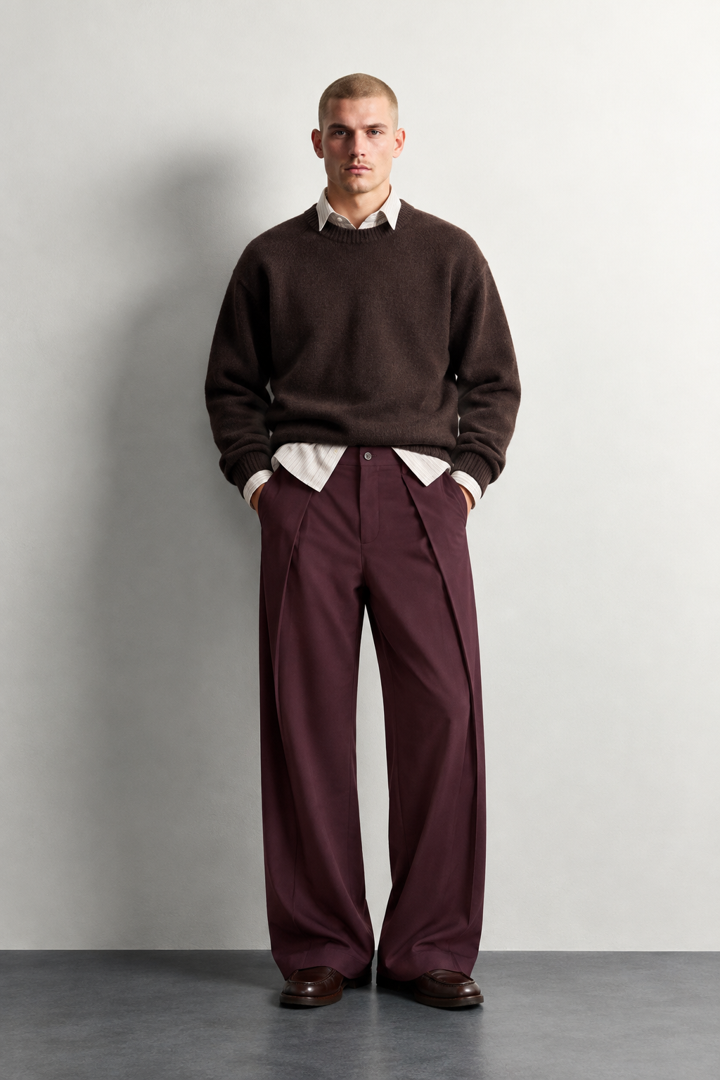 DEEP PLEAT WIDE LEG TROUSERS — worn, front