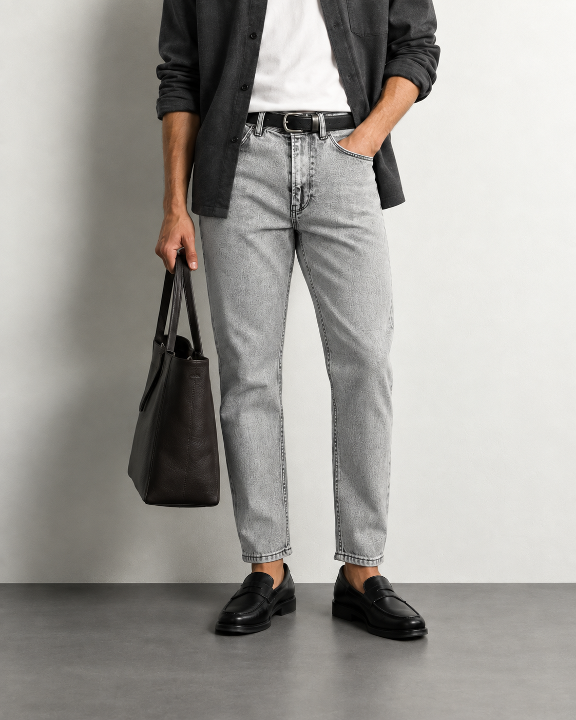 Ash Grey Slim Jeans — worn, close-up