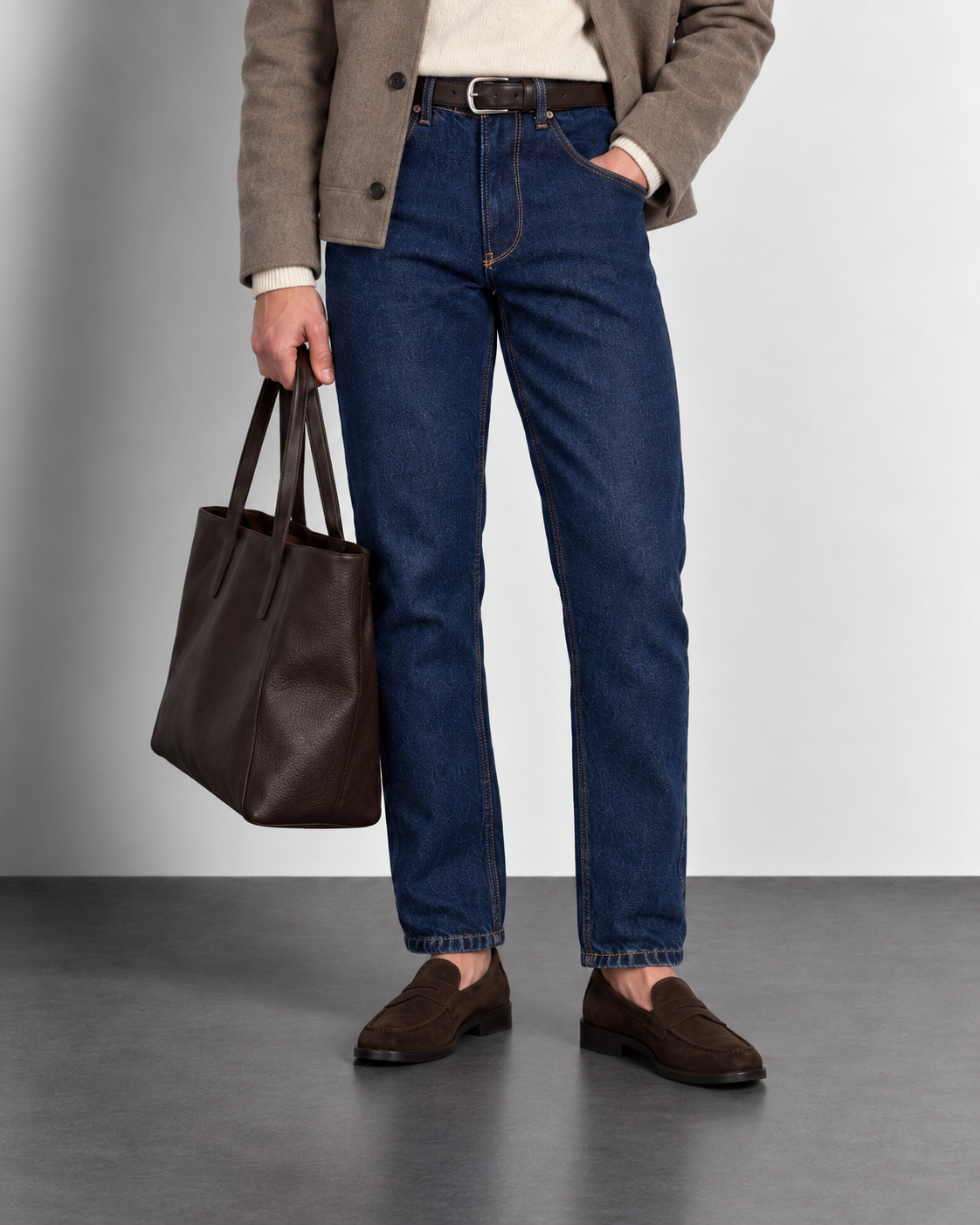 Deep Navy Slim Jeans — worn, close-up