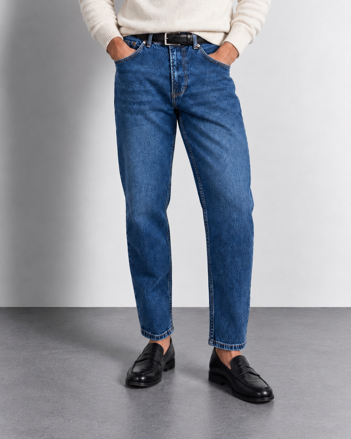 Vintage Mid Blue Slim Jeans — worn, close-up