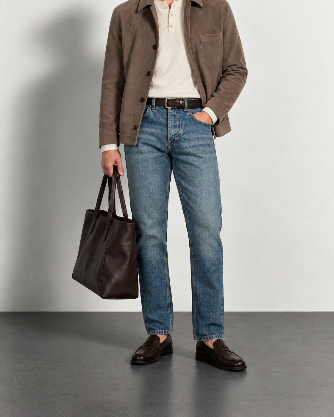 Vintage Stone Blue Slim Jeans — worn, close-up