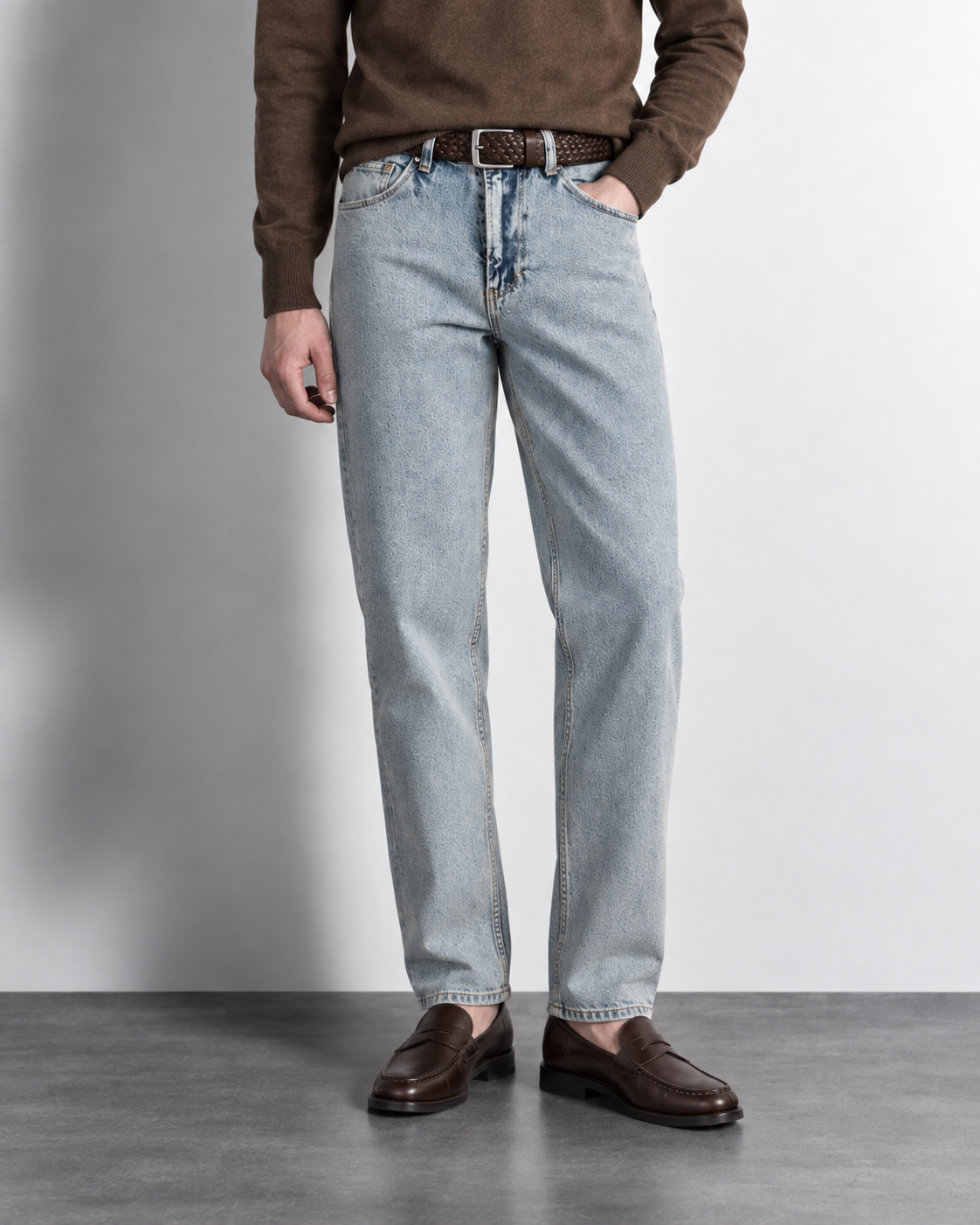 Frost Blue Slim Jeans — worn, close-up