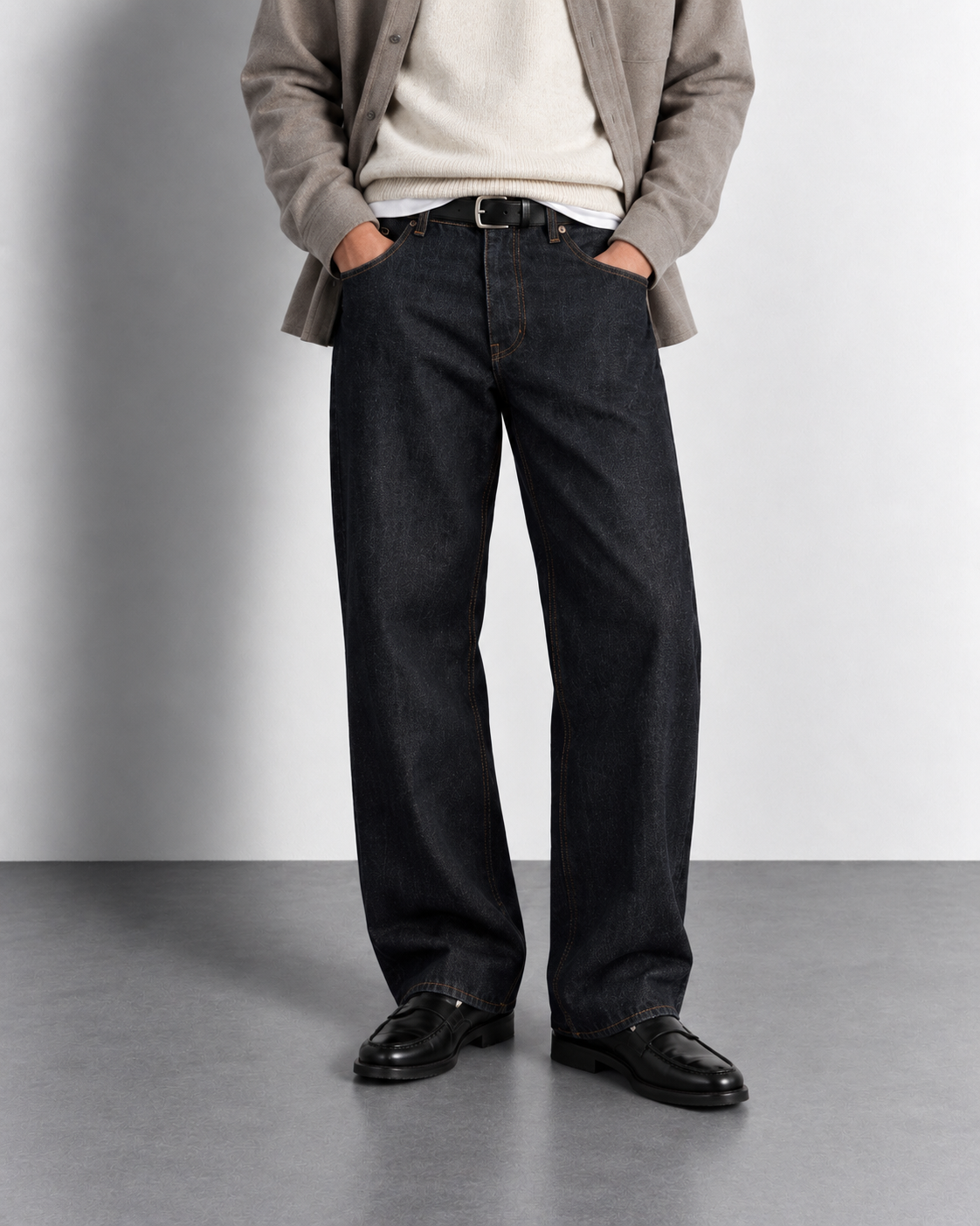 Black Relaxed Straight Jeans — worn, close-up