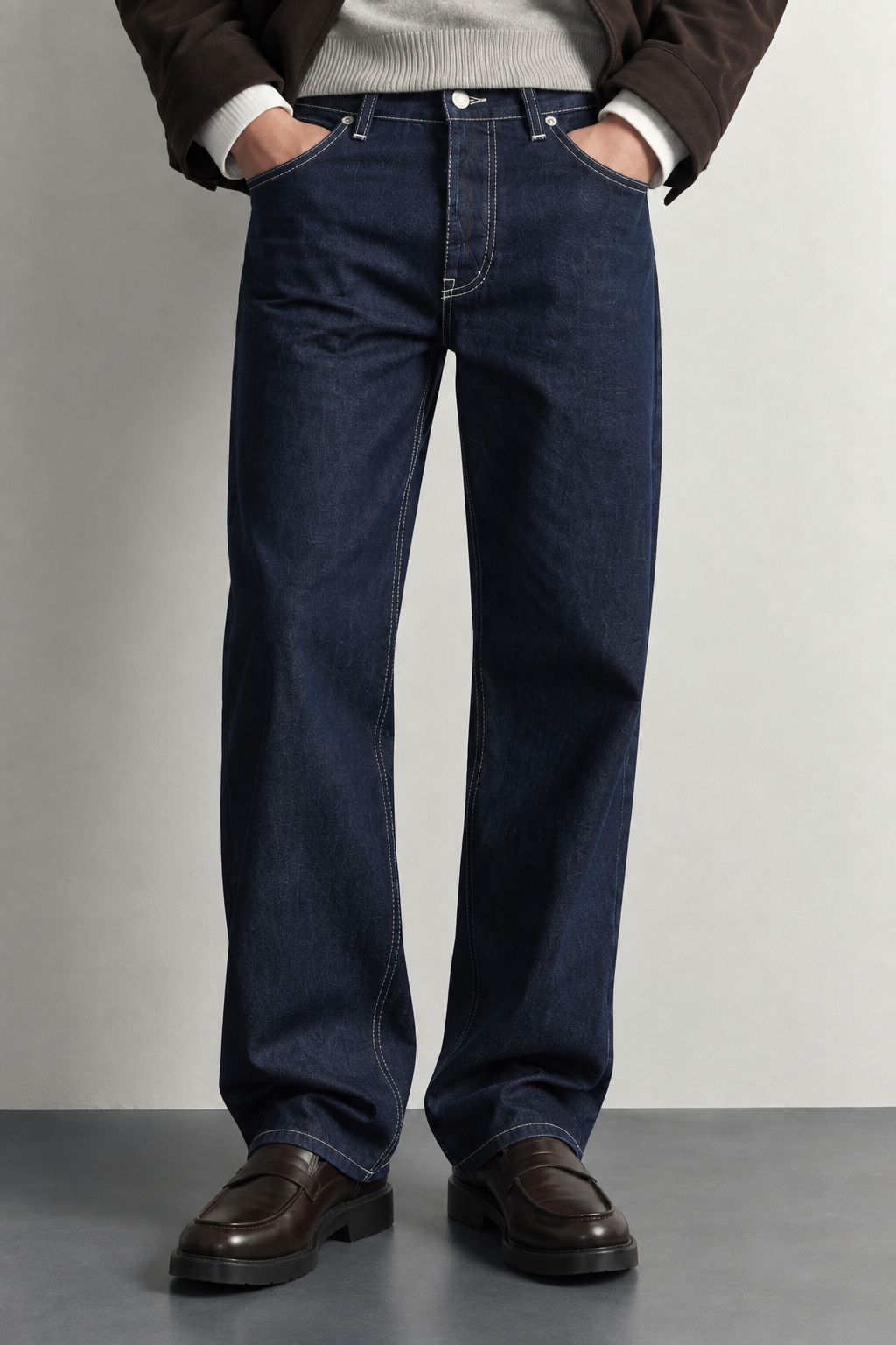 Dark Indigo Loose Fit Jeans — worn, close-up