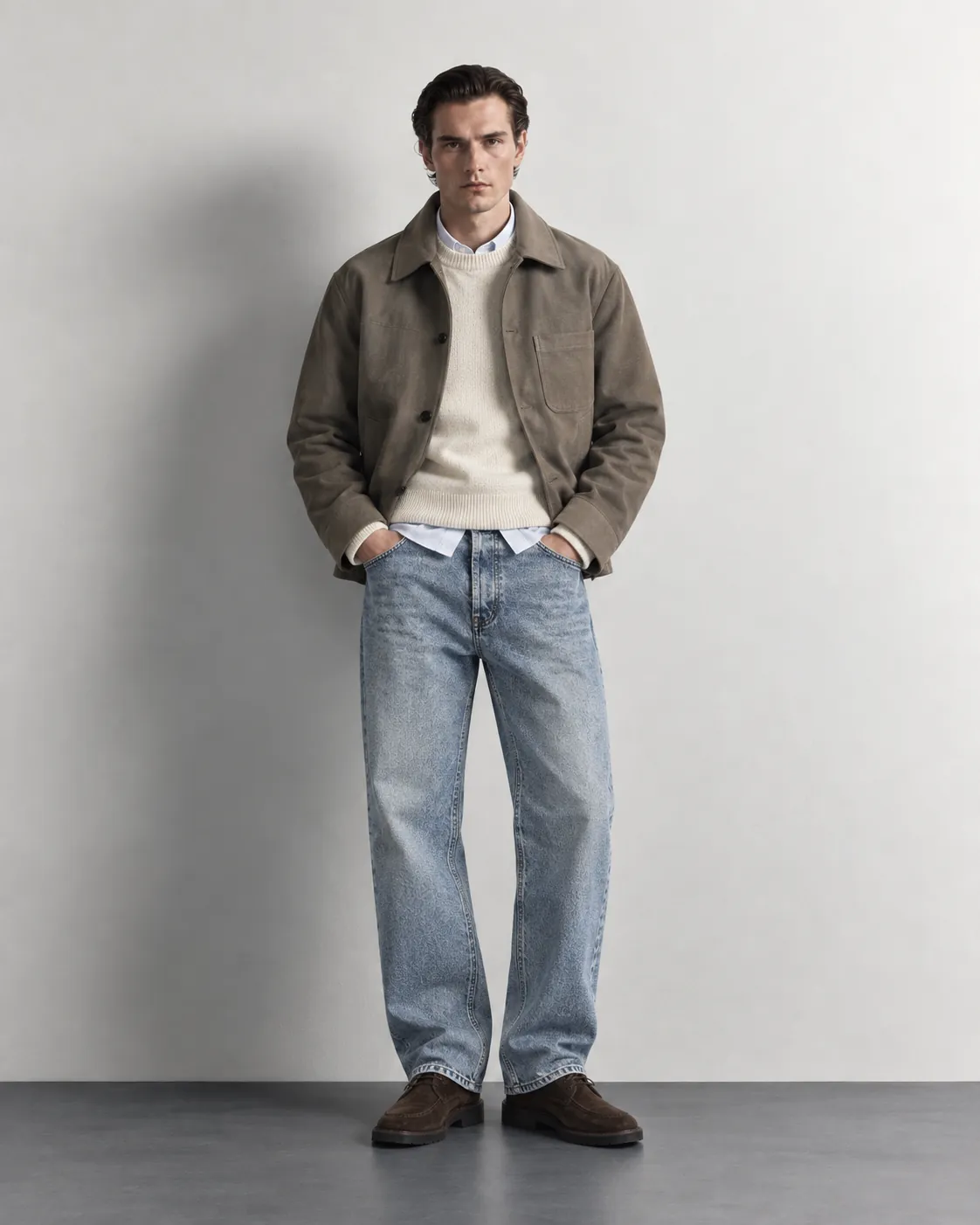 Light Blue Washed Relaxed Jeans — worn, front