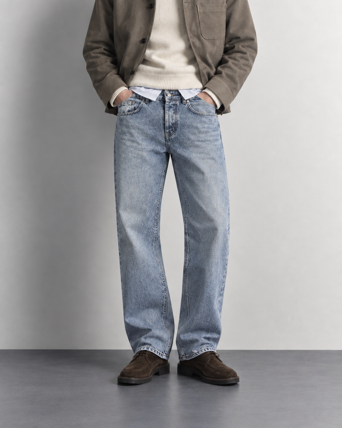 Light Blue Washed Relaxed Jeans — worn, close-up
