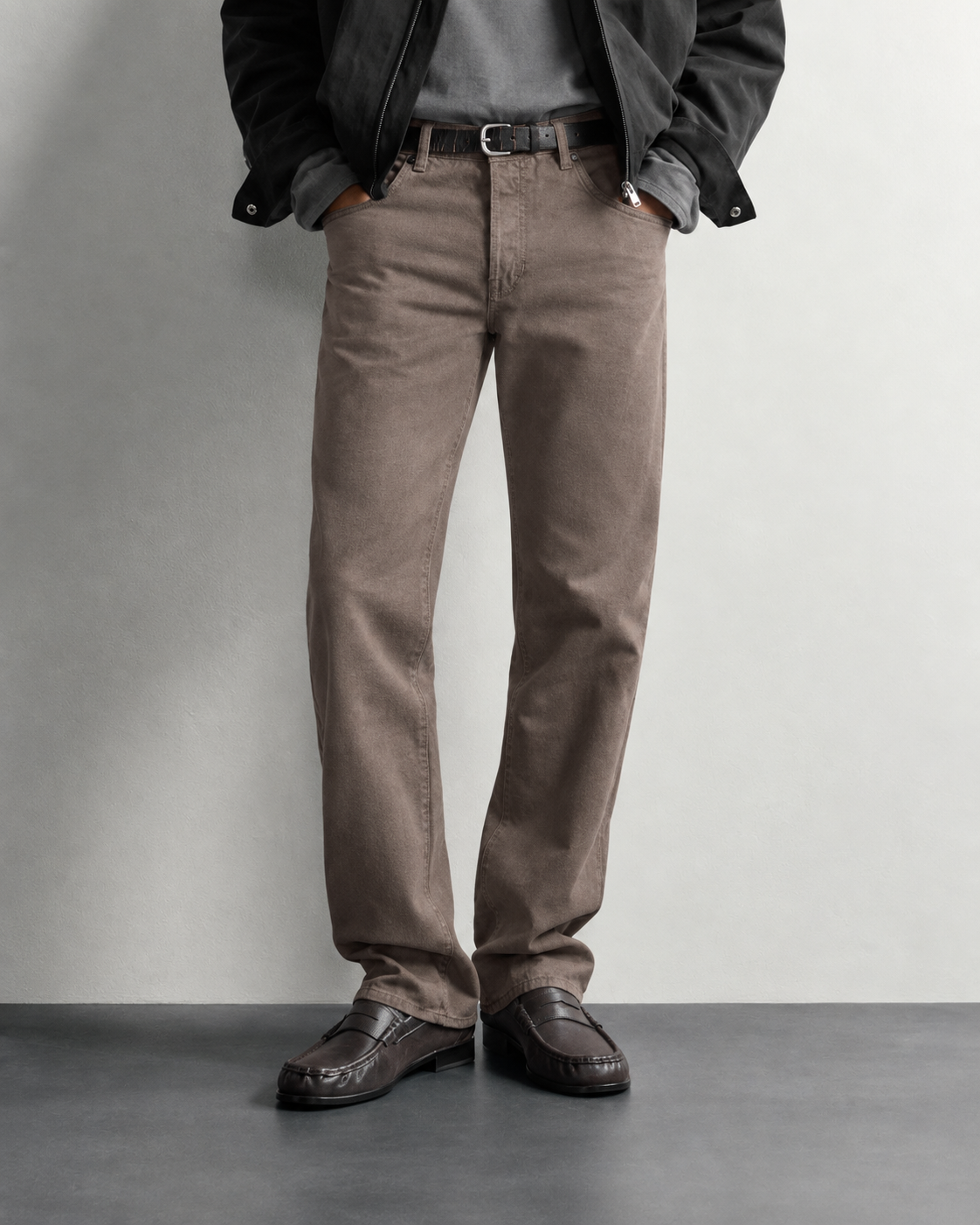Taupe Washed Straight Fit Jeans — worn, close-up