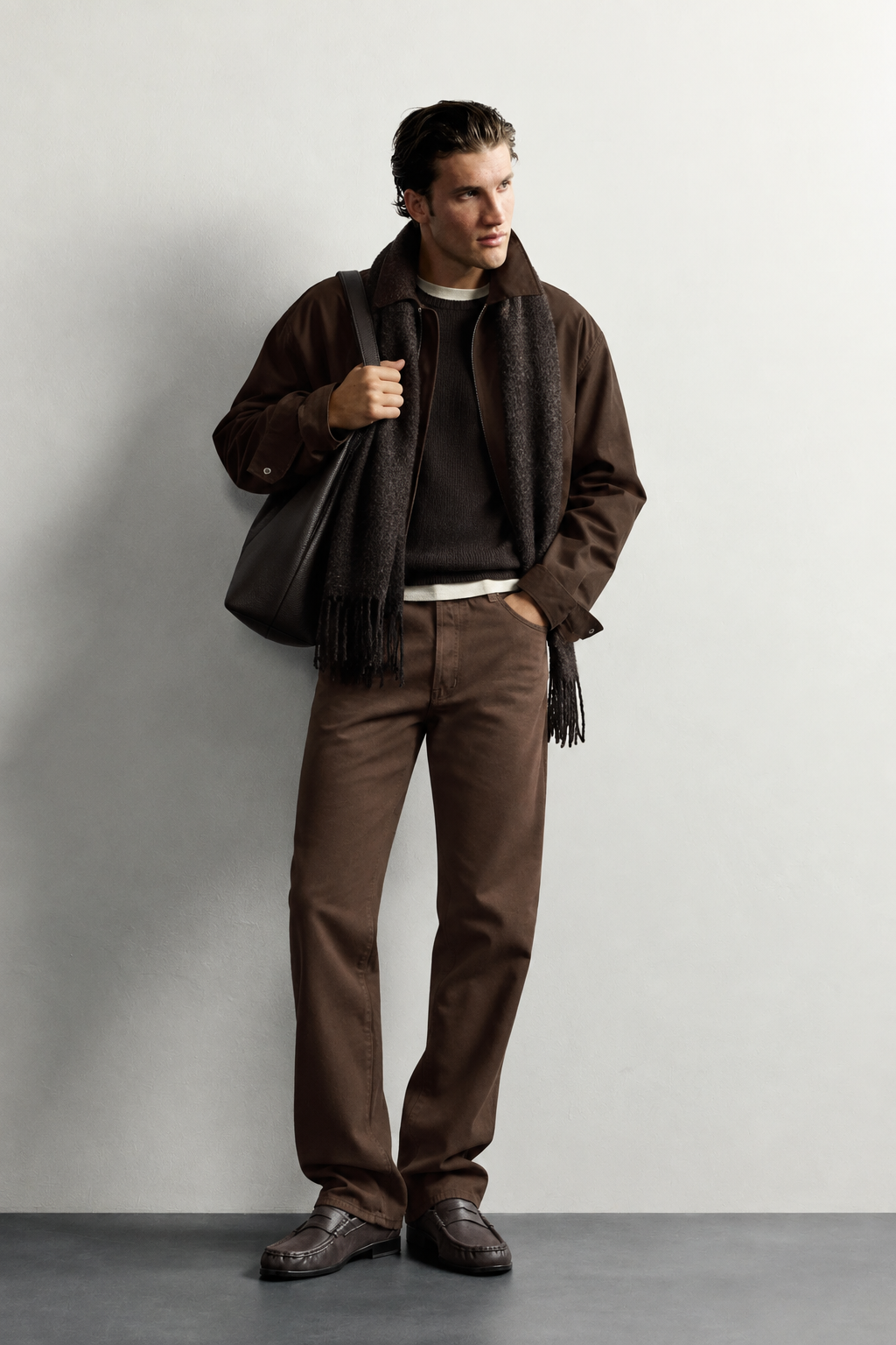 Dark Brown Straight Fit Jeans — worn, front