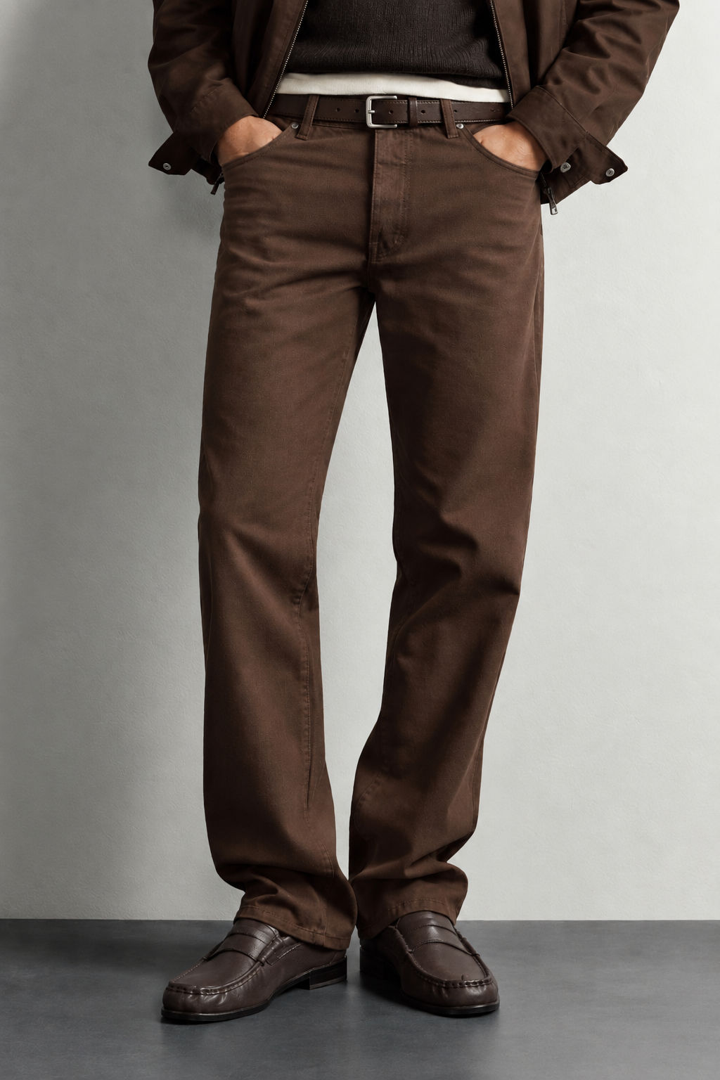 Dark Brown Straight Fit Jeans — worn, close-up