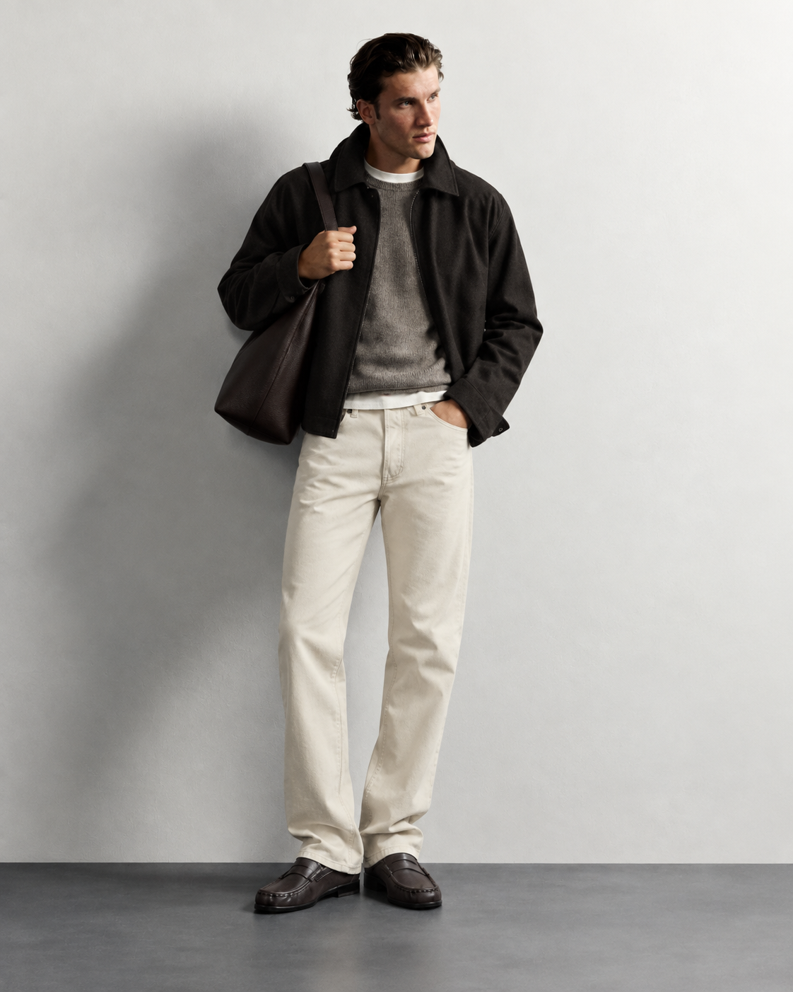 Ecru Straight Fit Jeans — worn, front