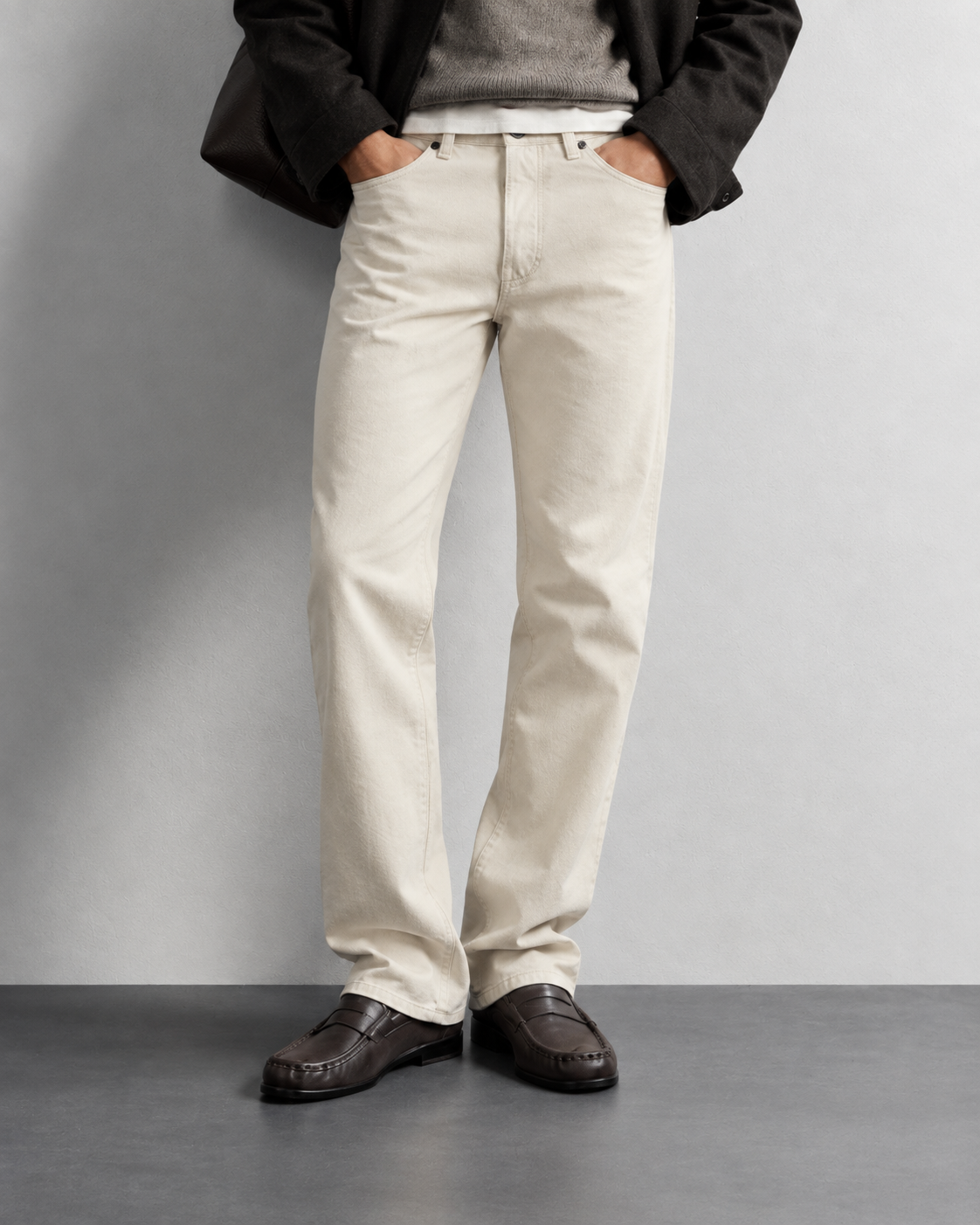 Ecru Straight Fit Jeans — worn, close-up