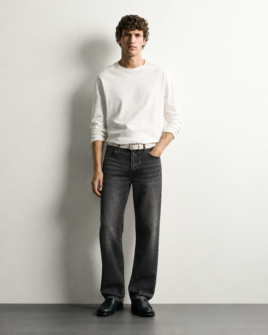 Charcoal Grey Straight Fit Jeans — worn, front