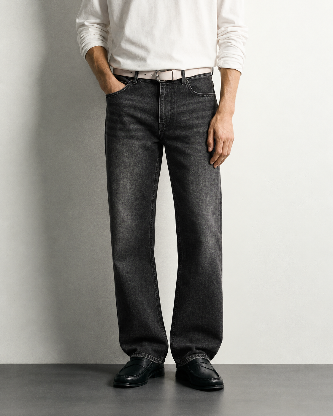 Charcoal Grey Straight Fit Jeans — worn, close-up