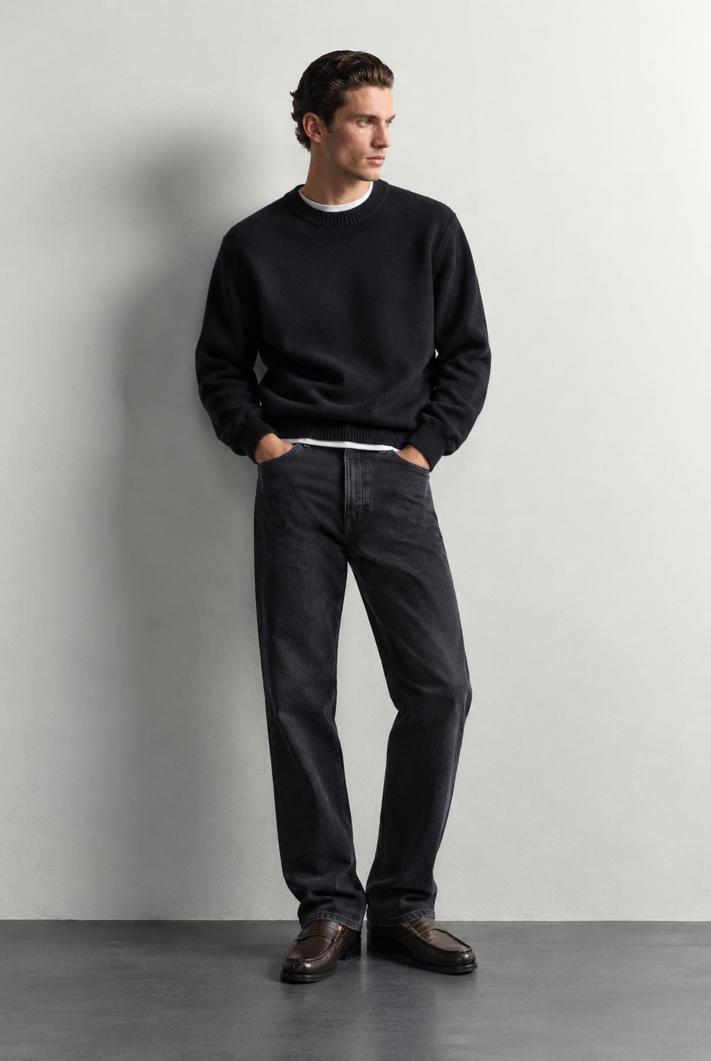 Midnight Black Regular Fit Jeans — worn, front