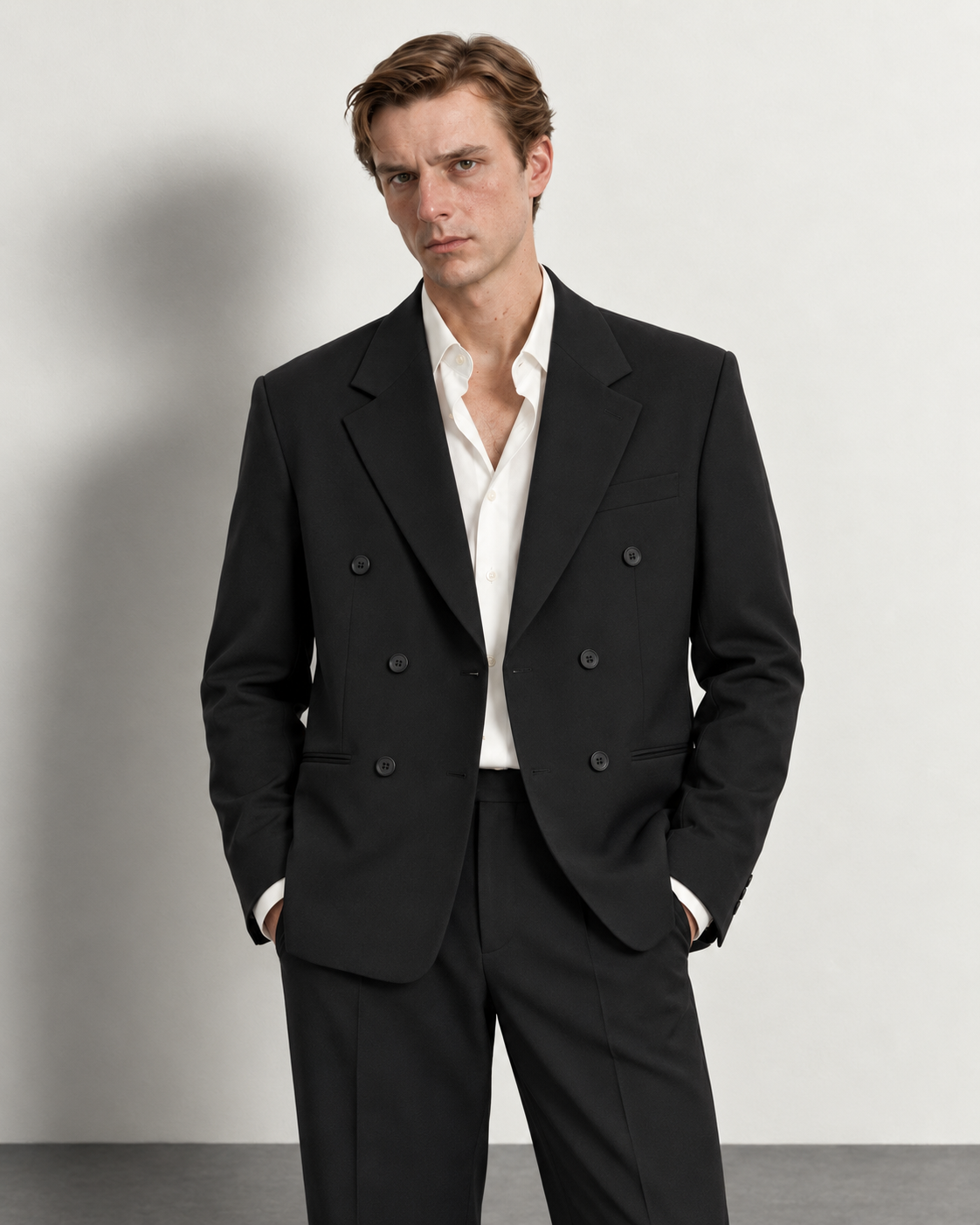 Double Breasted Tailored Suit — worn, close-up