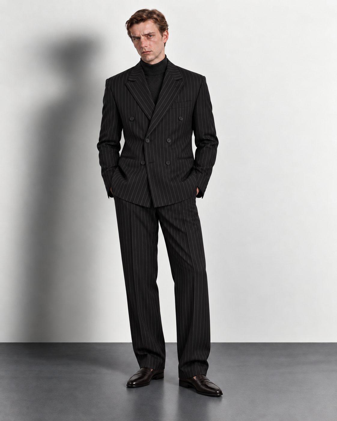 Pinstripe Double Breasted Suit — front view