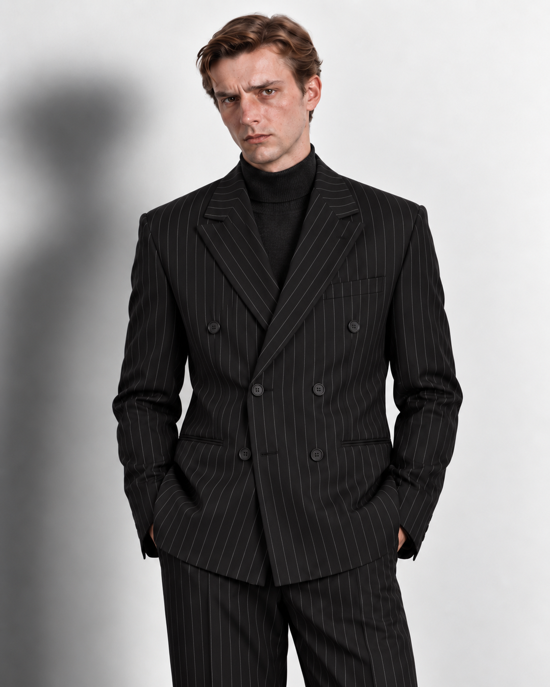 Pinstripe Double Breasted Suit — worn, close-up