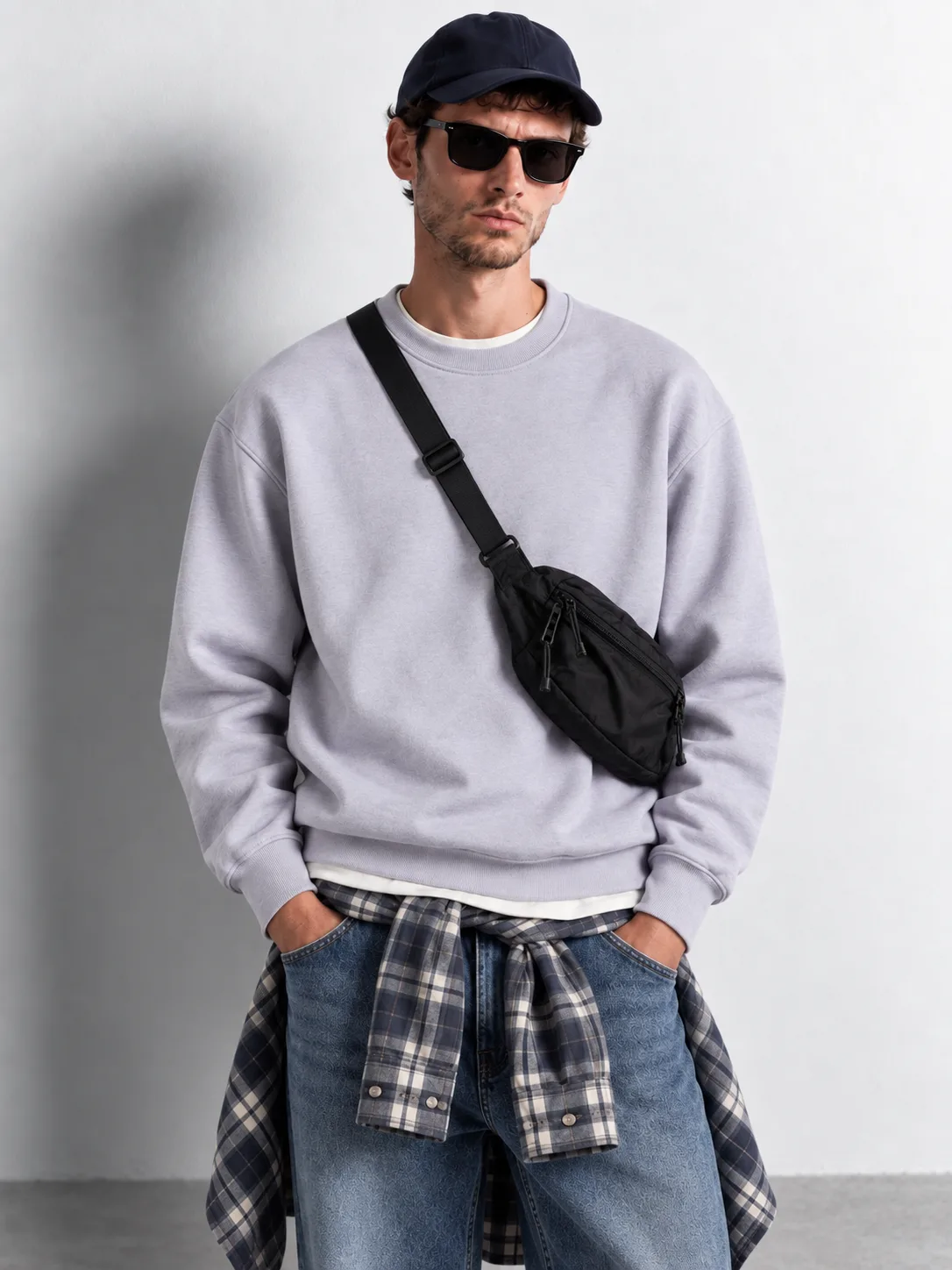 Washed Lavender Oversized Crewneck Sweatshirt — worn, close-up