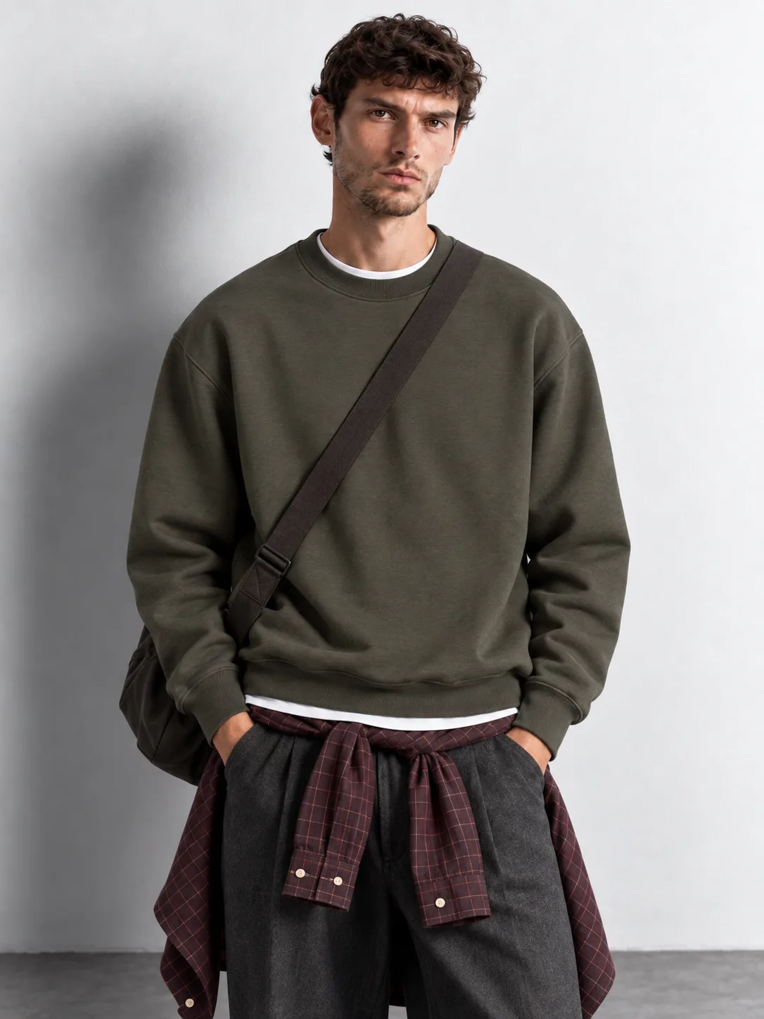 Olive Green Crewneck Sweatshirt — worn, close-up