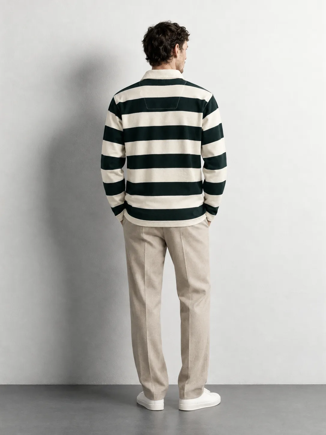 Bold Stripe Open Collar Polo Sweater — worn, back