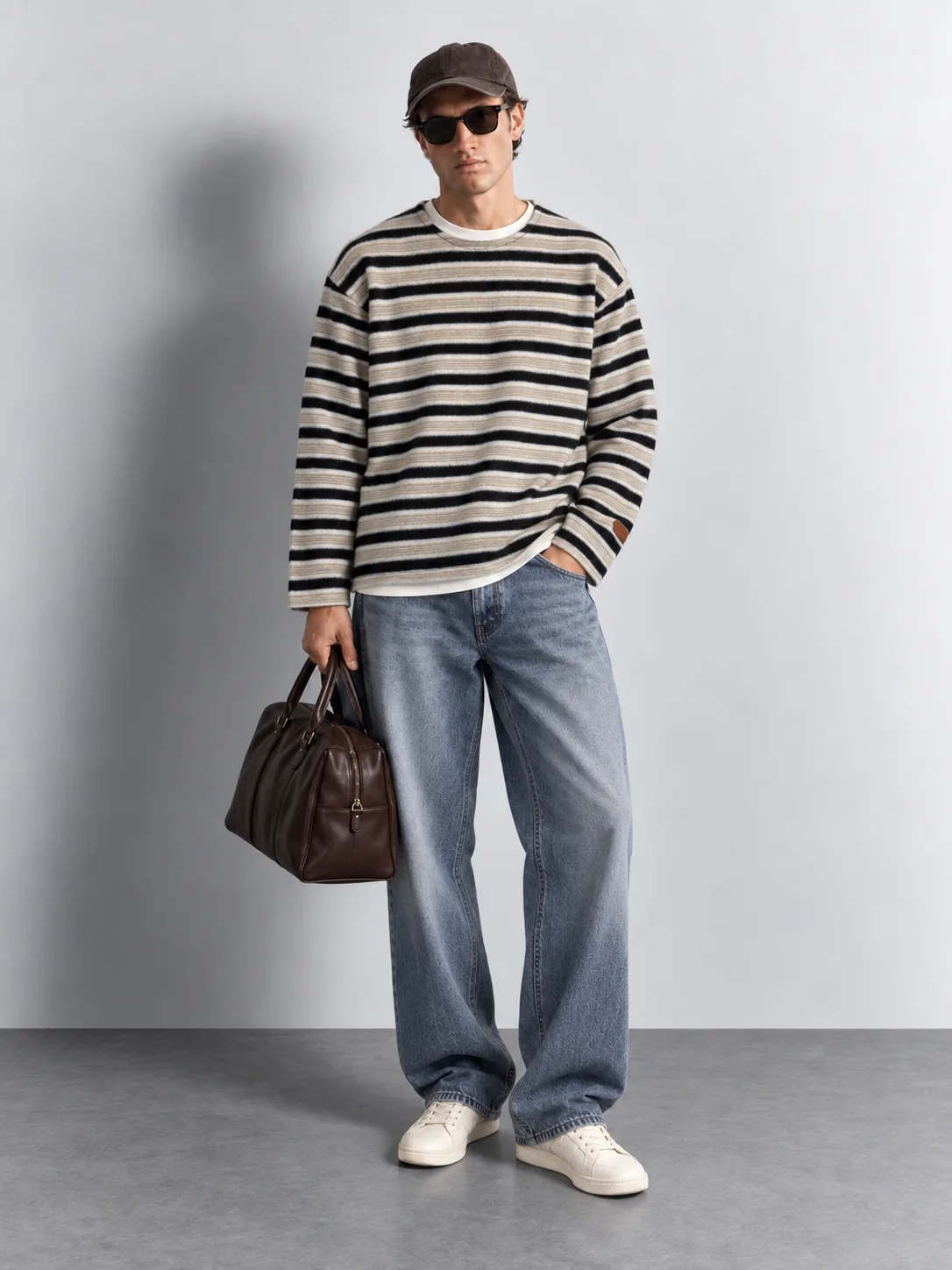 Brushed Striped Crew Neck Sweater — worn, front