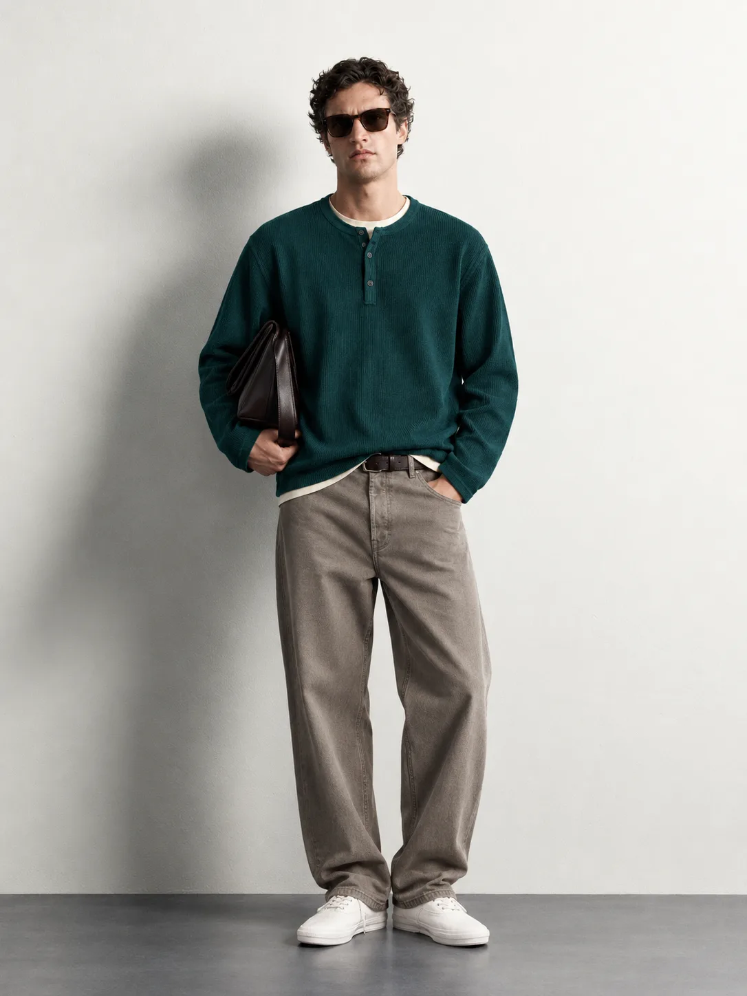 Buttoned Henley Knit Sweater — worn, front
