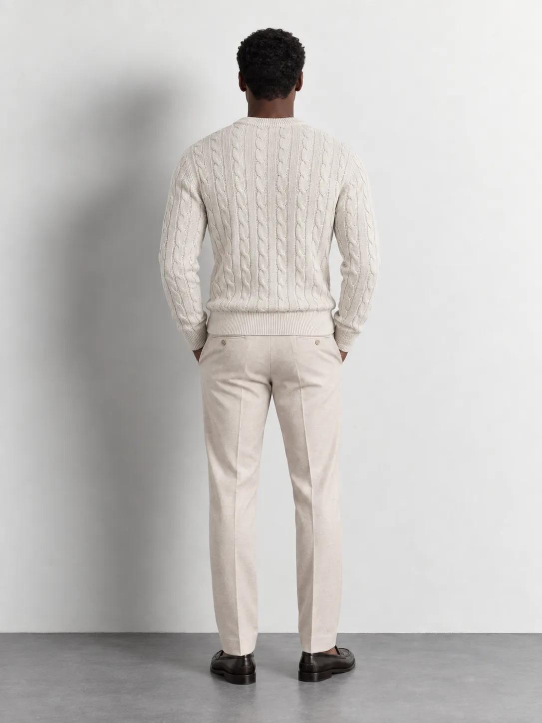 Cable Knit Crew Neck Sweater — worn, back