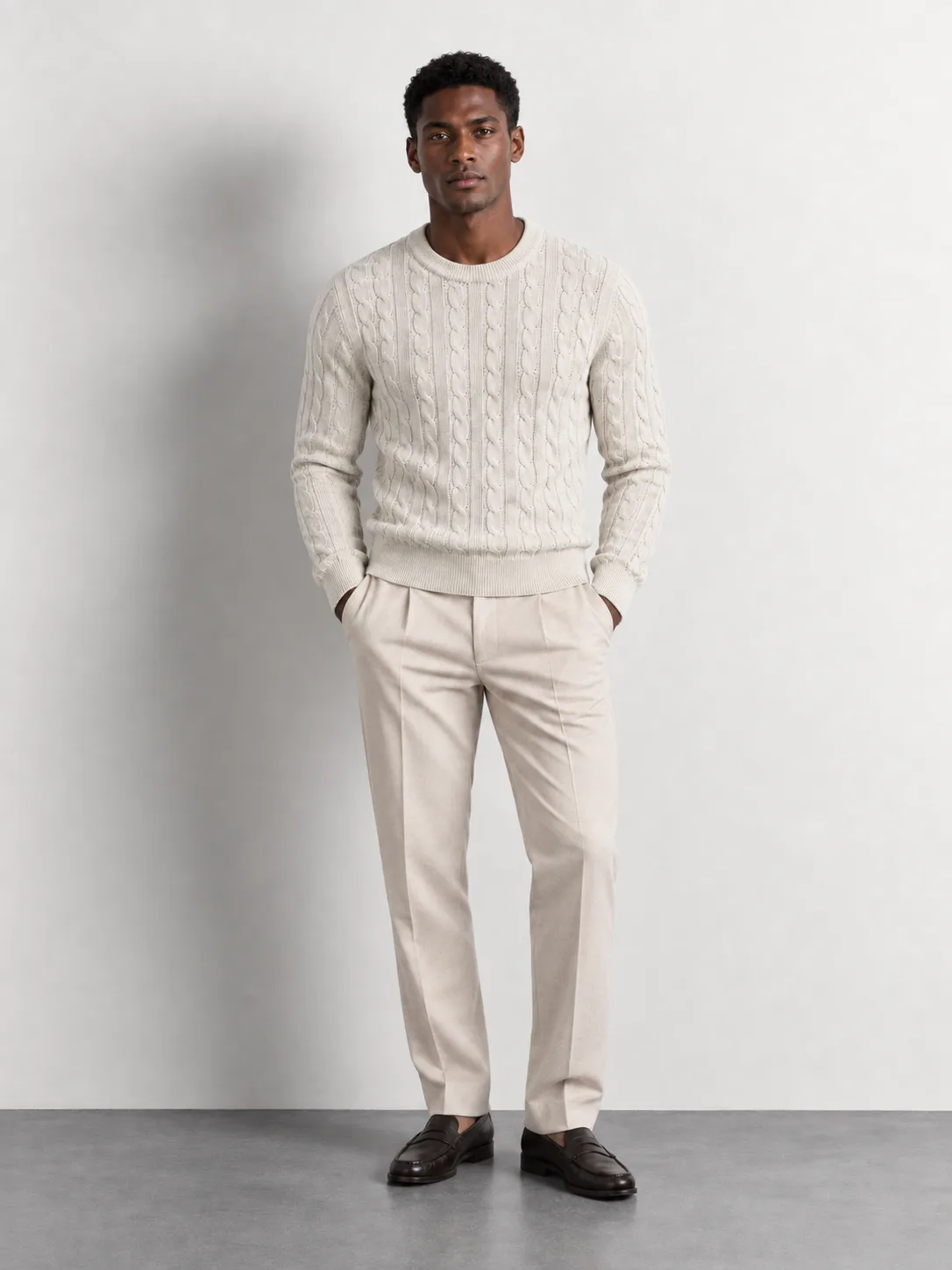 Cable Knit Crew Neck Sweater — worn, front