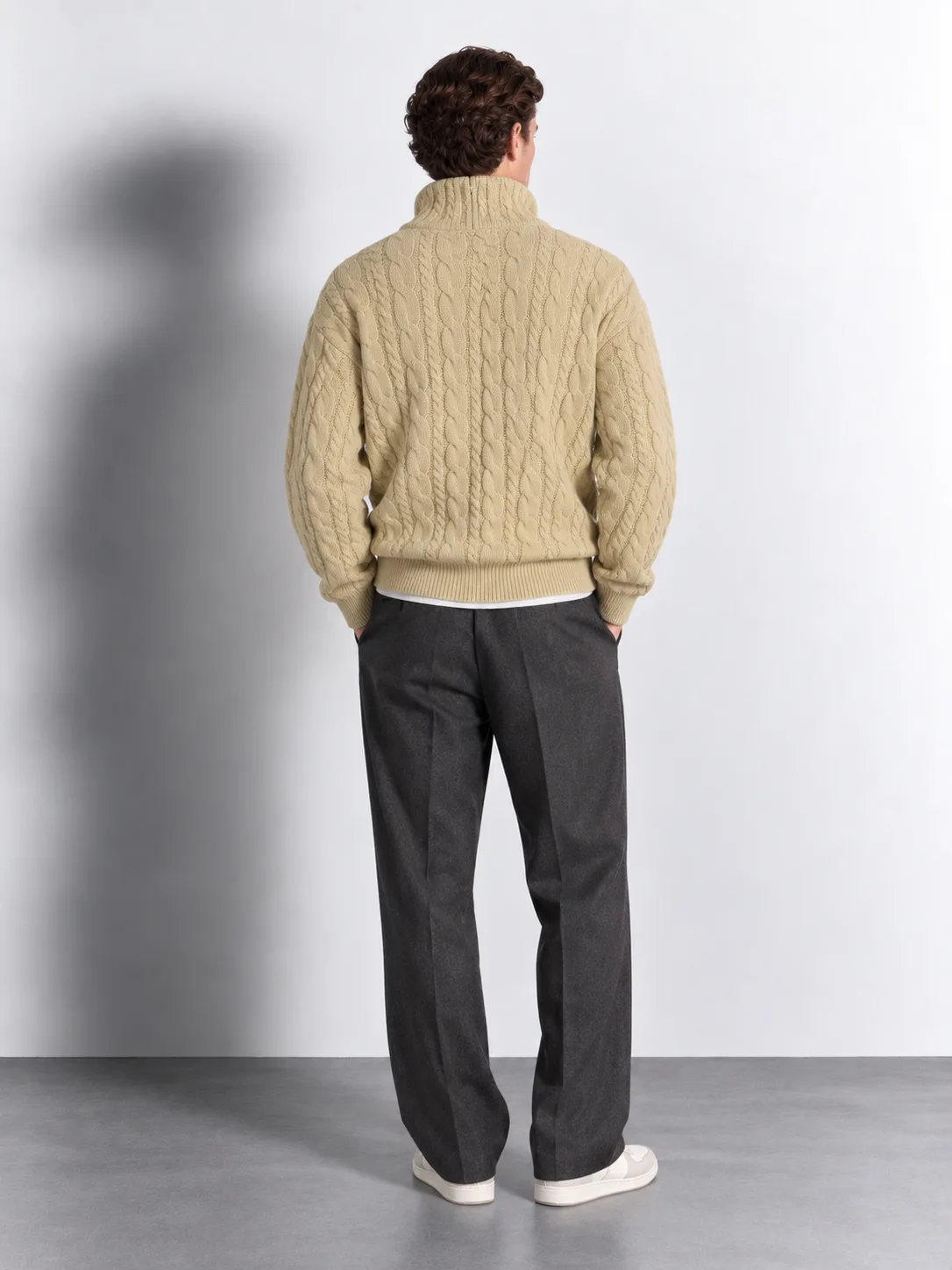 Cable Knit Quarter-Zip Sweater — worn, back