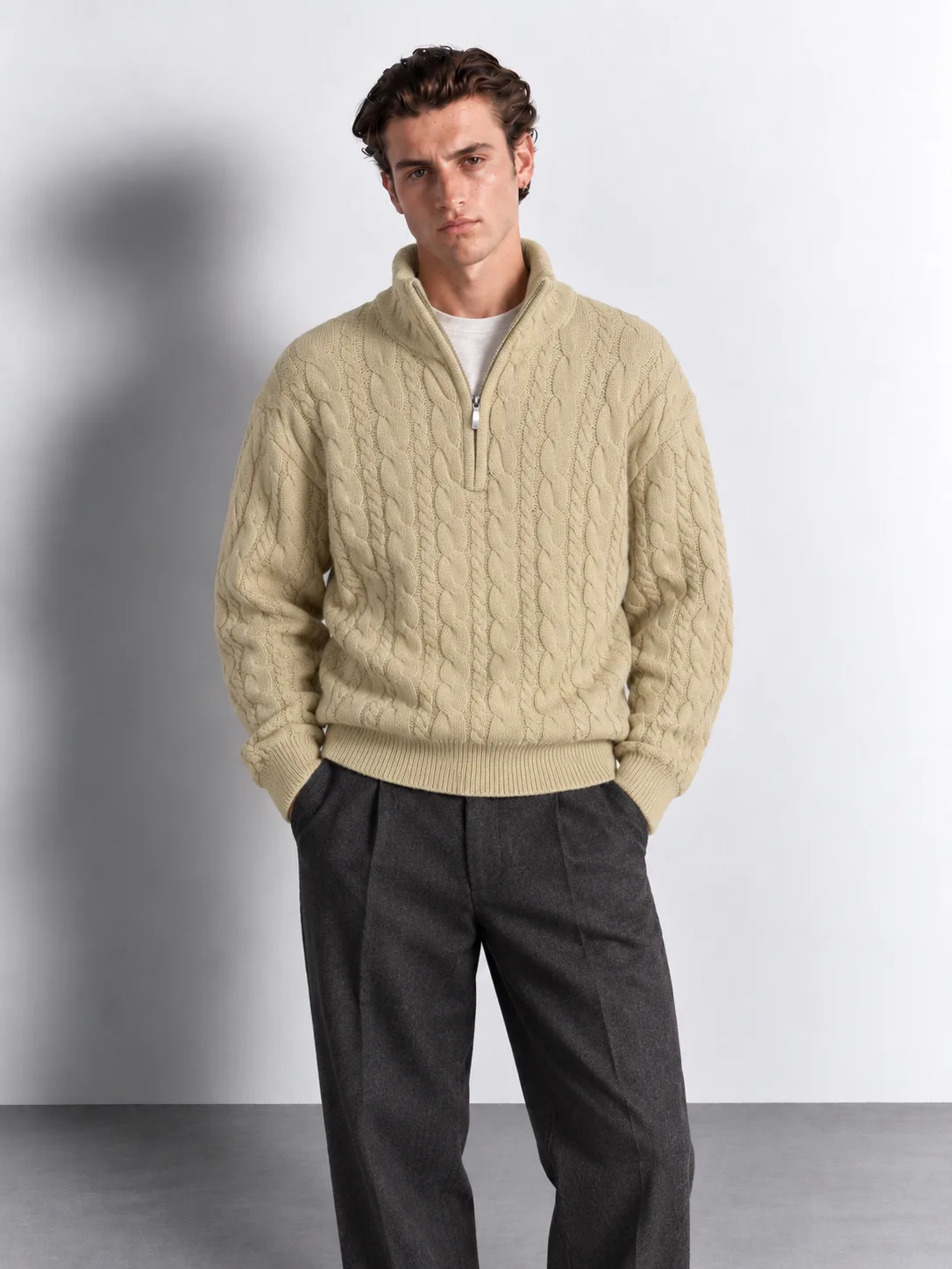 Cable Knit Quarter-Zip Sweater — worn, front