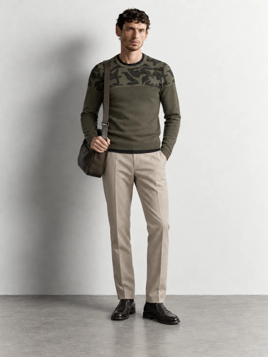Camo Panel Knit Sweater — worn, front