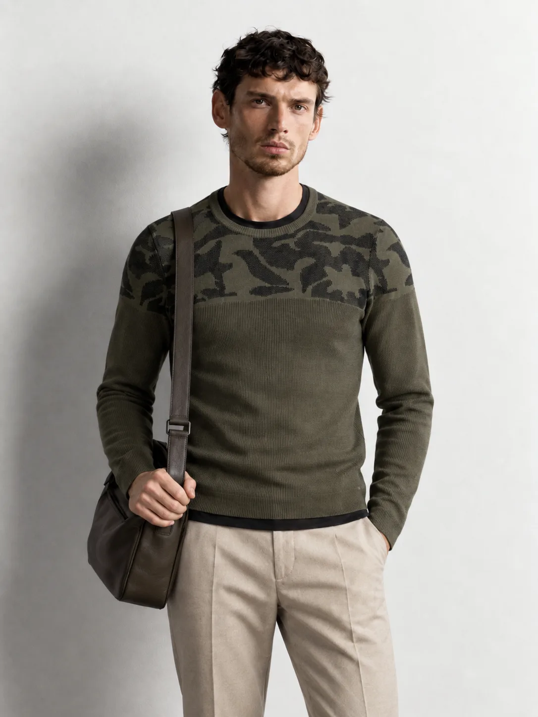 Camo Panel Knit Sweater — worn, close-up