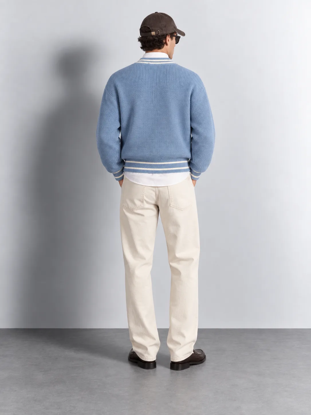 Contrast V-neck Knit Sweater — worn, back