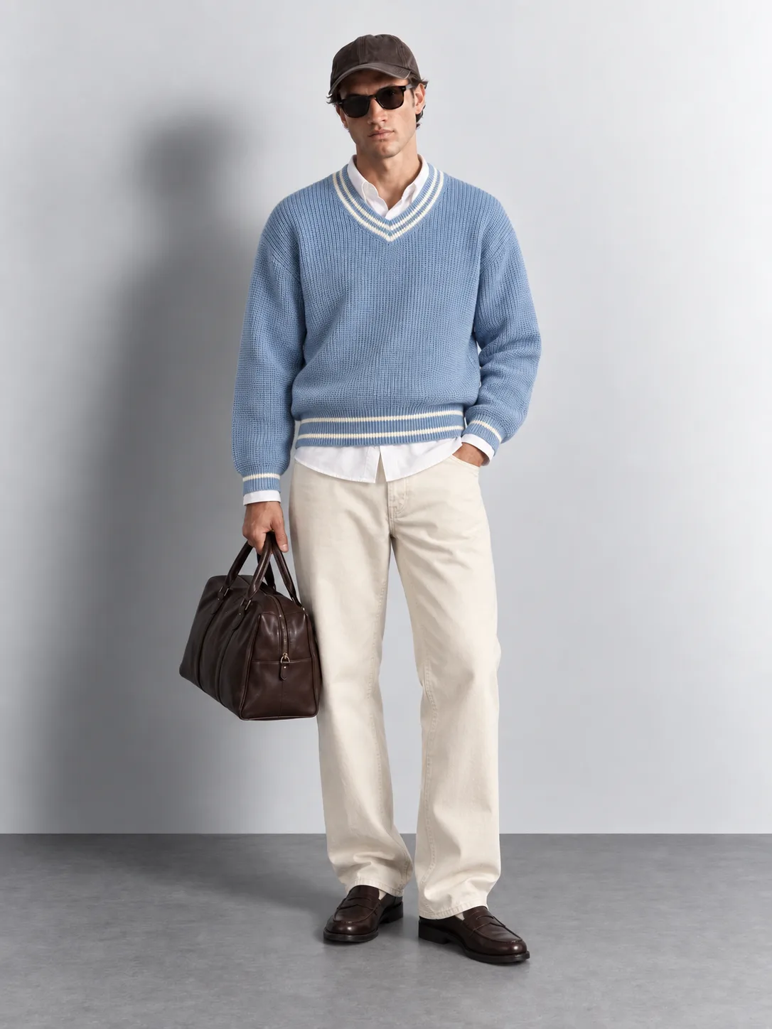 Contrast V-neck Knit Sweater — worn, front