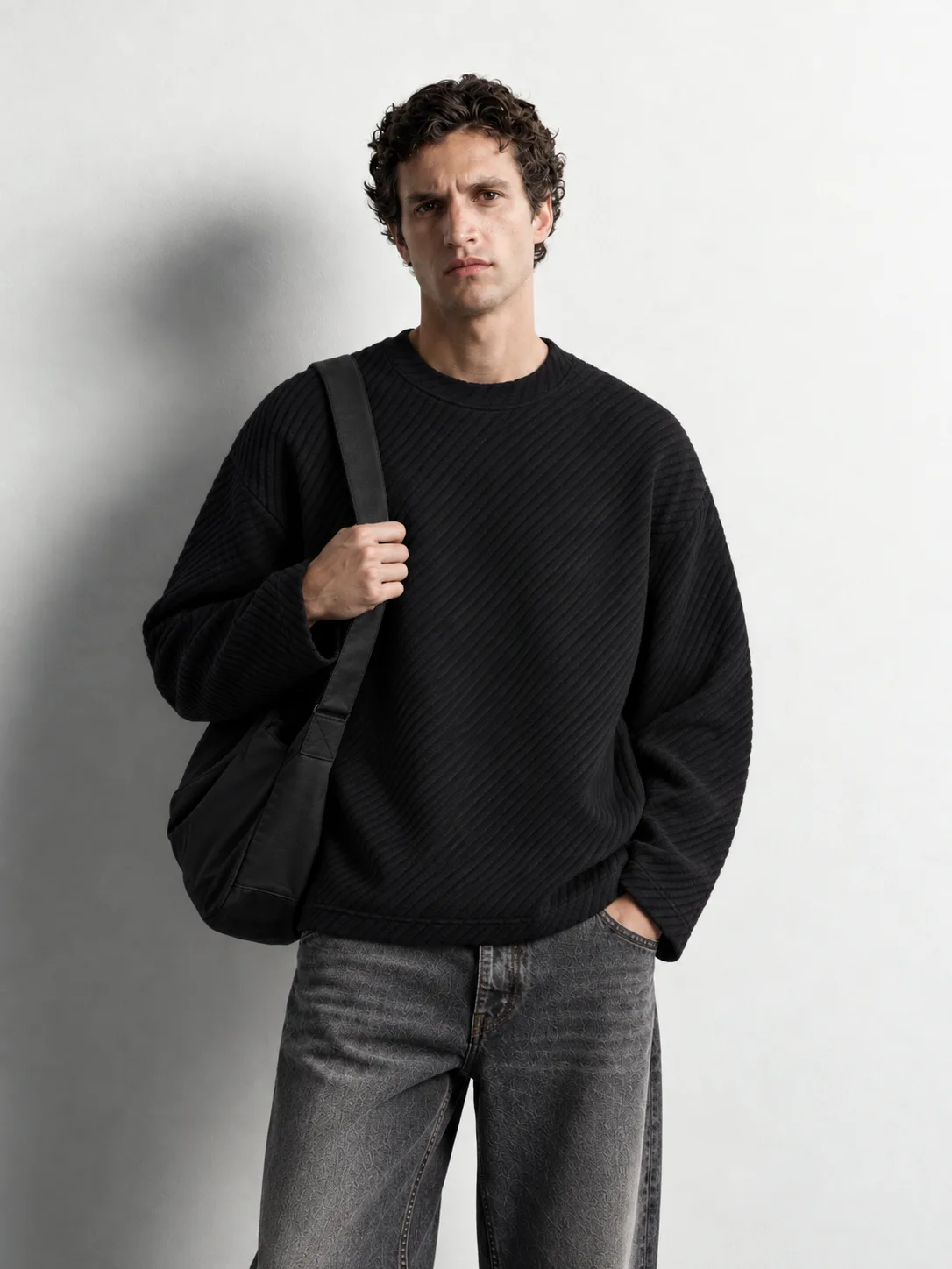 Diagonal Textured Crew Neck Sweater — front view