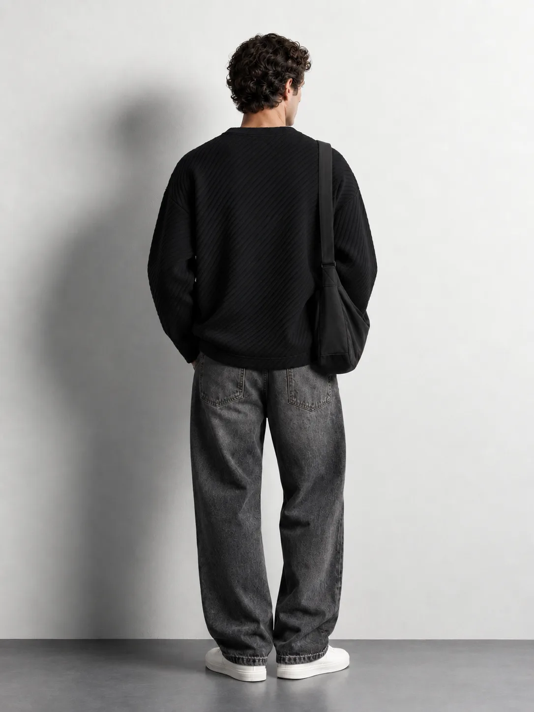 Diagonal Textured Crew Neck Sweater — worn, back