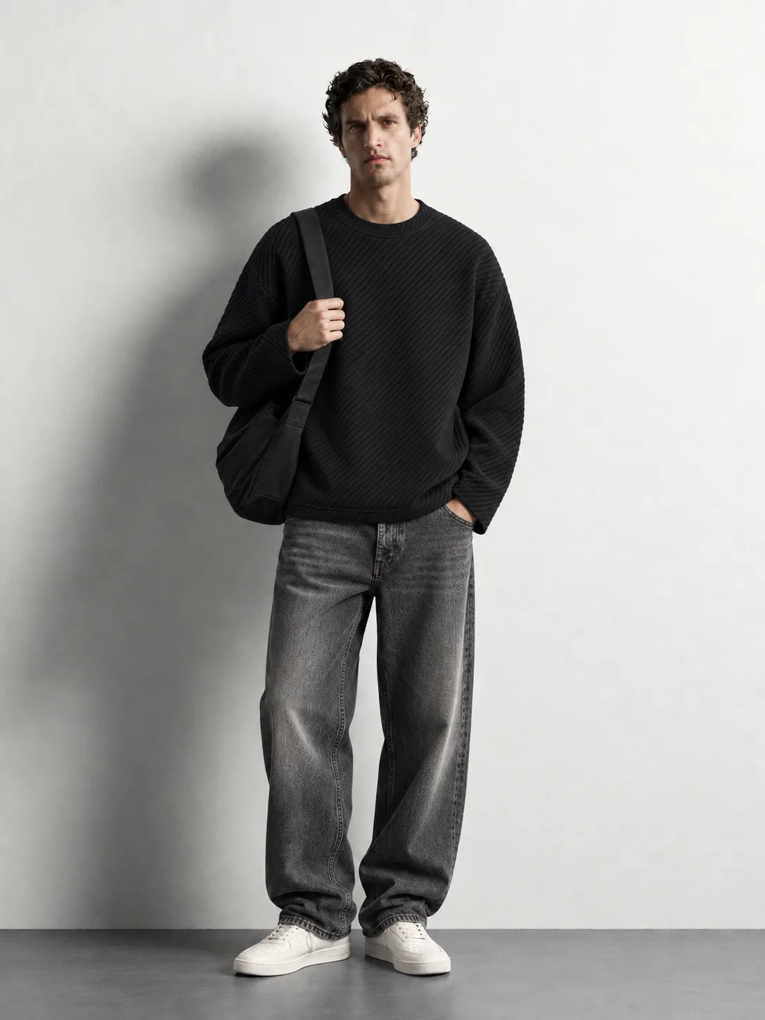 Diagonal Textured Crew Neck Sweater — worn, front