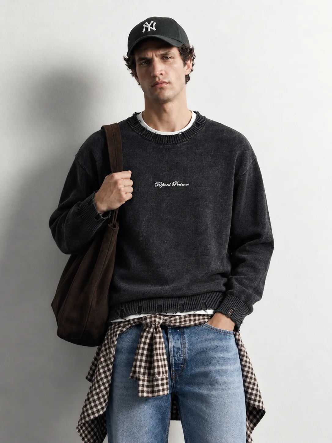 Distressed Washed Knit Sweater — worn, close-up