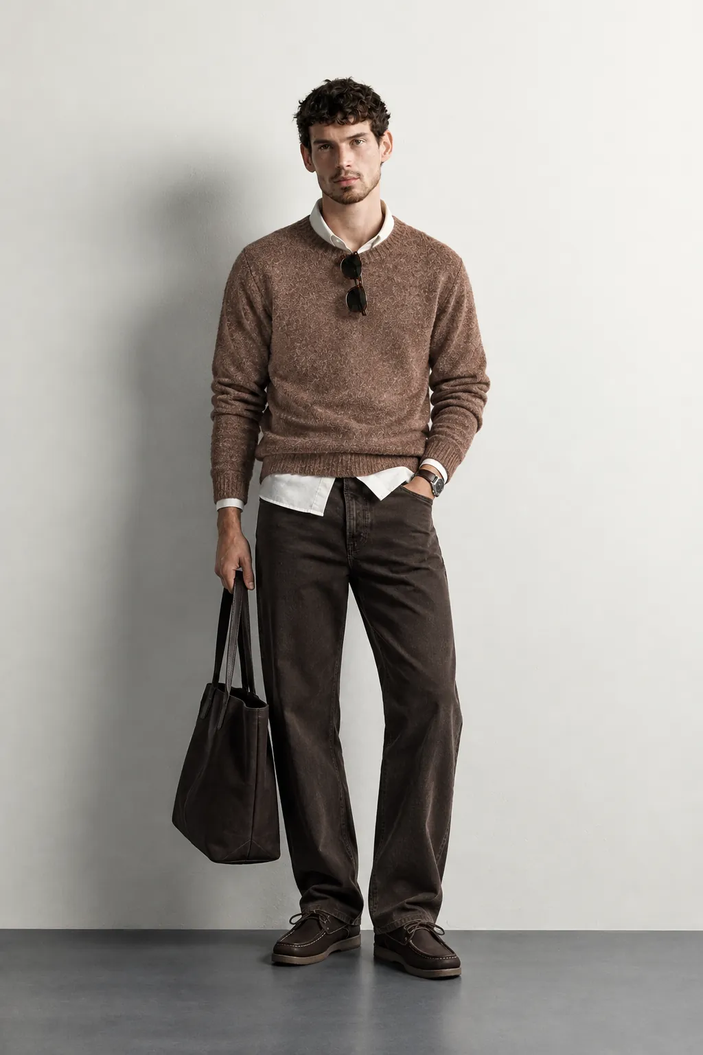 Fuzzy Knit Crewneck Sweater — worn, front