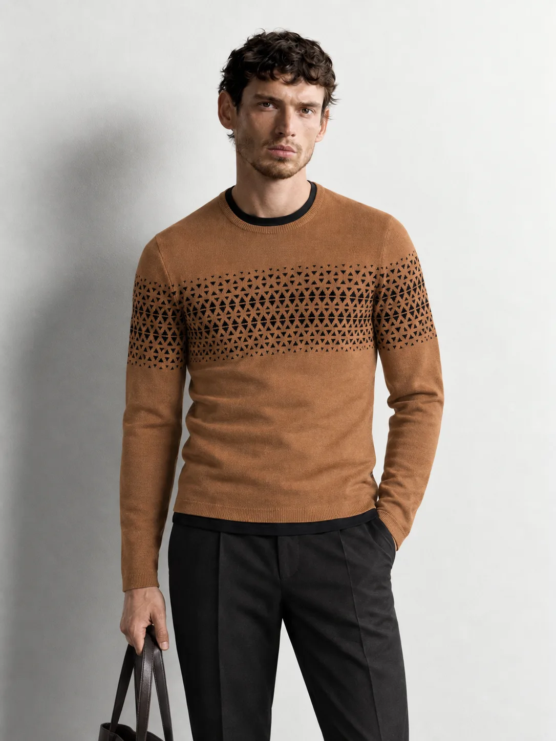Geometric Jacquard Knit Sweater — worn, close-up