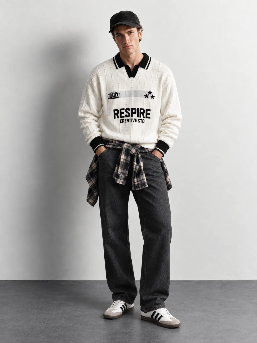 Graphic Cable Knit Polo Sweater — front view