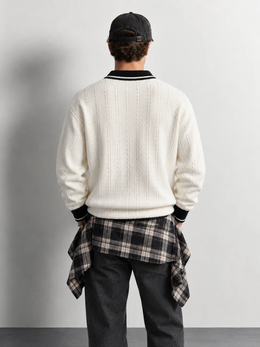 Graphic Cable Knit Polo Sweater — worn, back