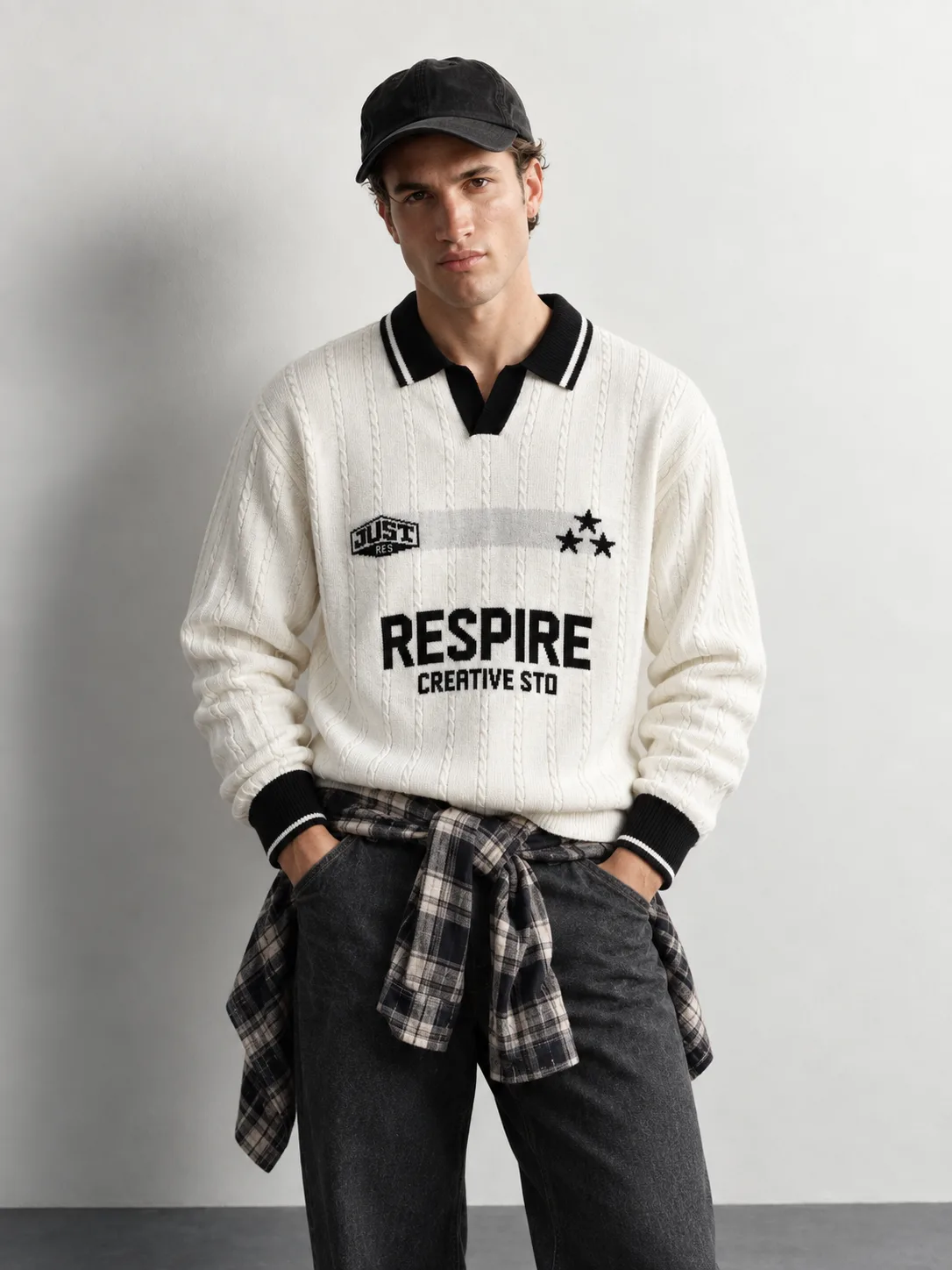 Graphic Cable Knit Polo Sweater — worn, close-up