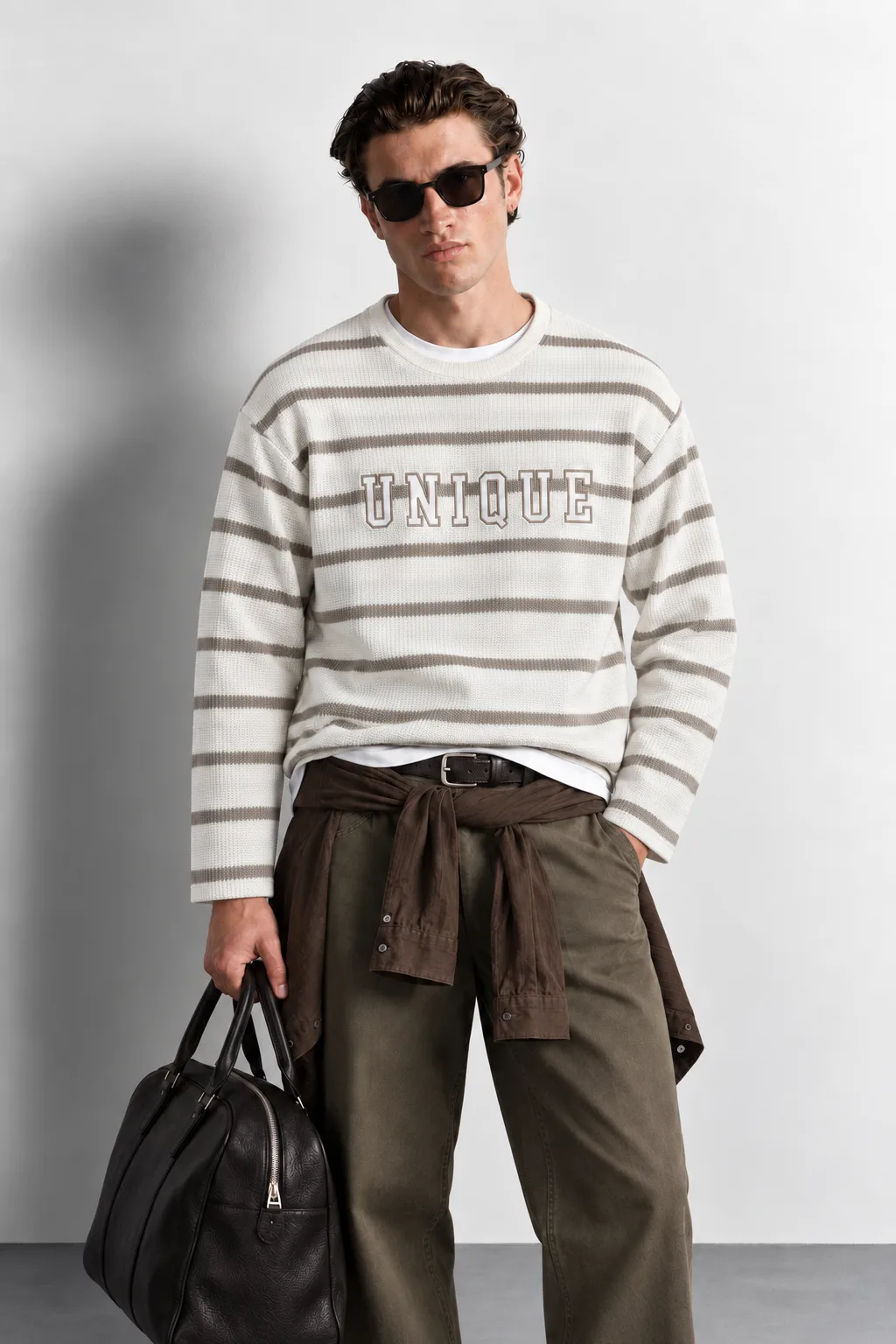 Graphic Stripe Knit Sweater — worn, close-up