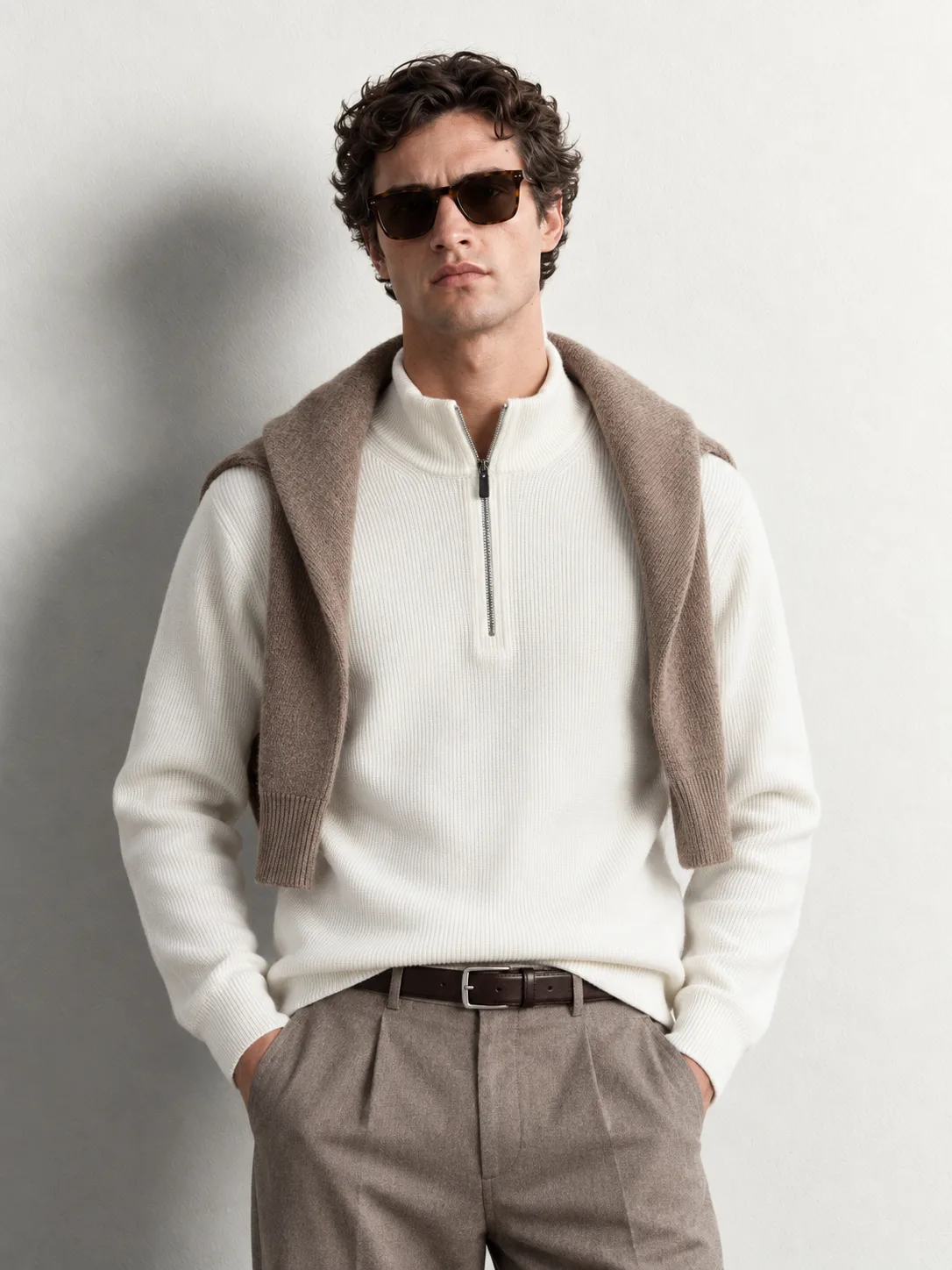 Half-Zip Mock Neck Knit Sweater — worn, close-up